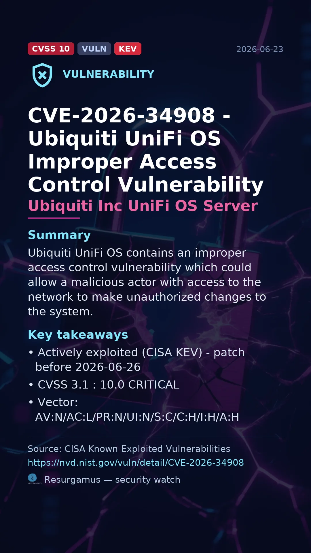CVE-2026-34908 - Ubiquiti Inc UniFi OS Server - actively exploited (KEV) vulnerability