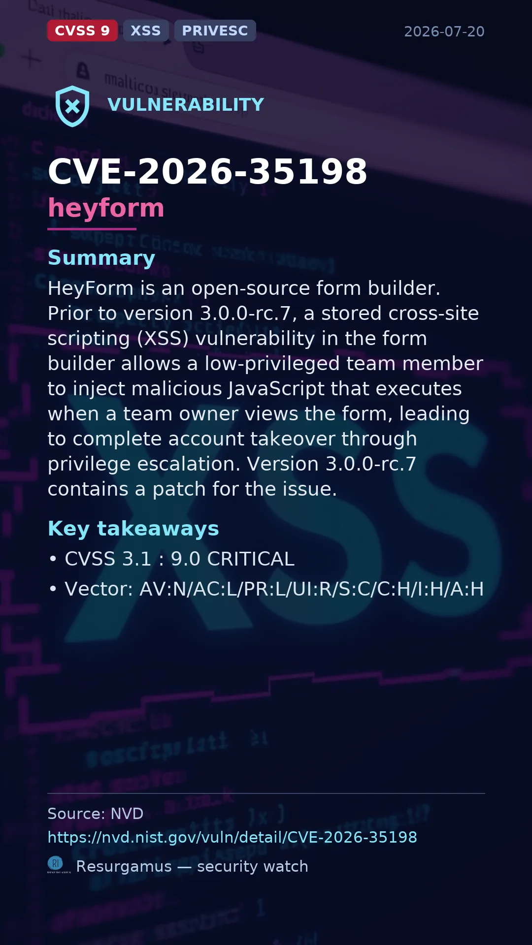 CVE-2026-35198 heyform Vulnerability