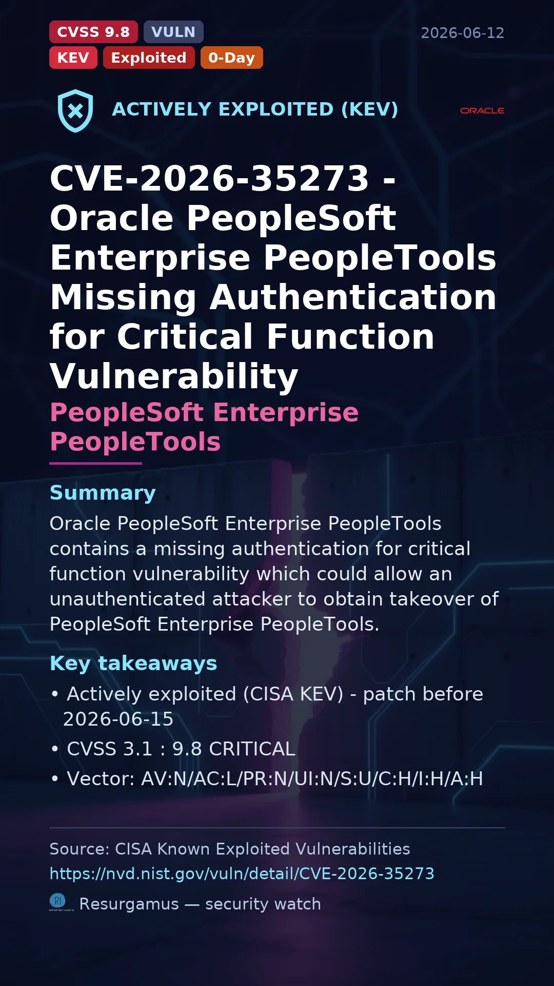 CVE-2026-35273 - PeopleSoft Enterprise PeopleTools - actively exploited (KEV) vulnerability