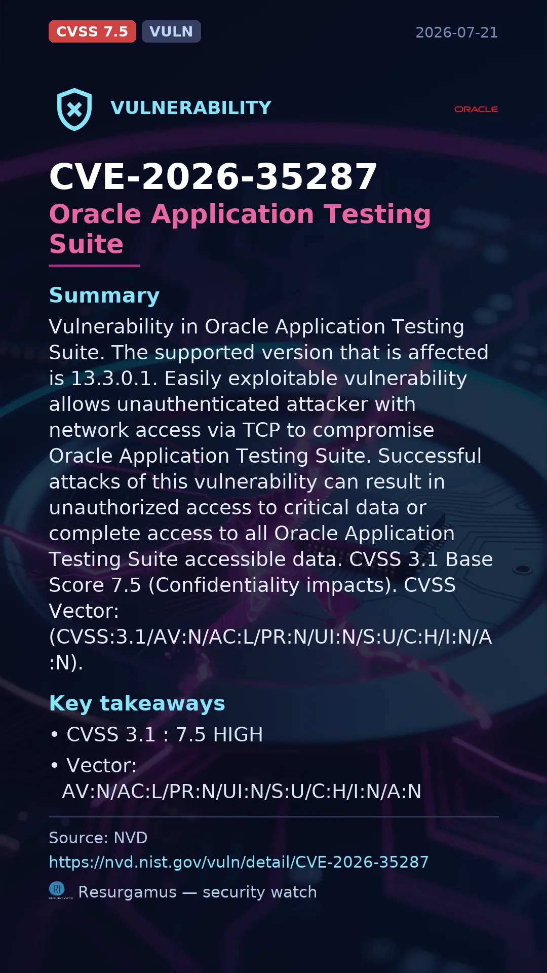 CVE-2026-35287 Oracle Application Testing Suite Vulnerability