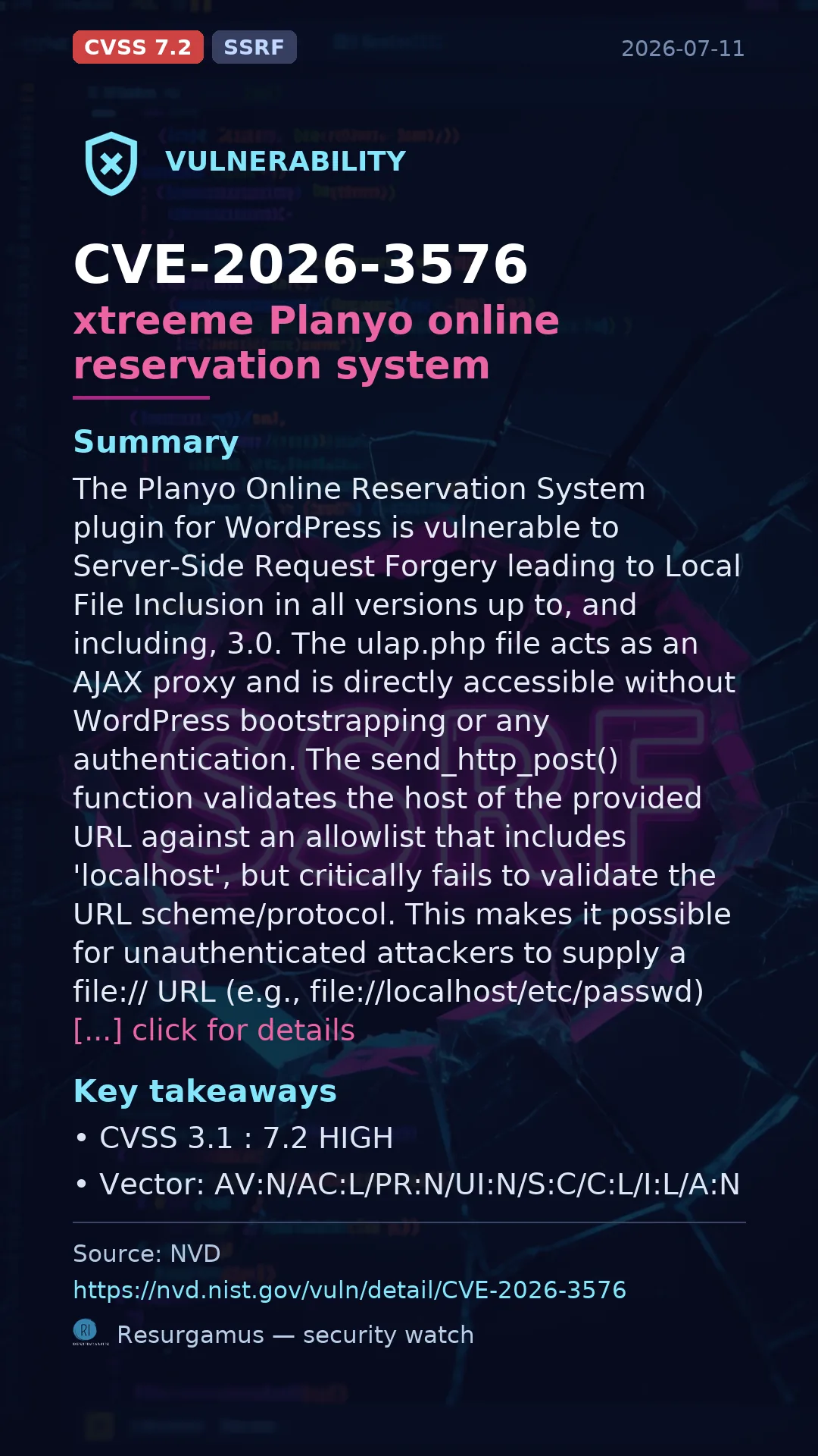CVE-2026-3576 xtreeme Planyo online reservation system Vulnerability