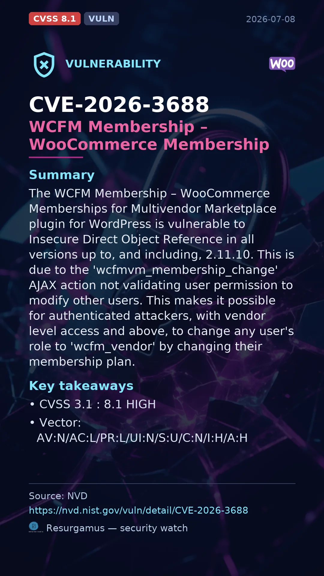 CVE-2026-3688 WCFM Membership – WooCommerce Membership Vulnerability