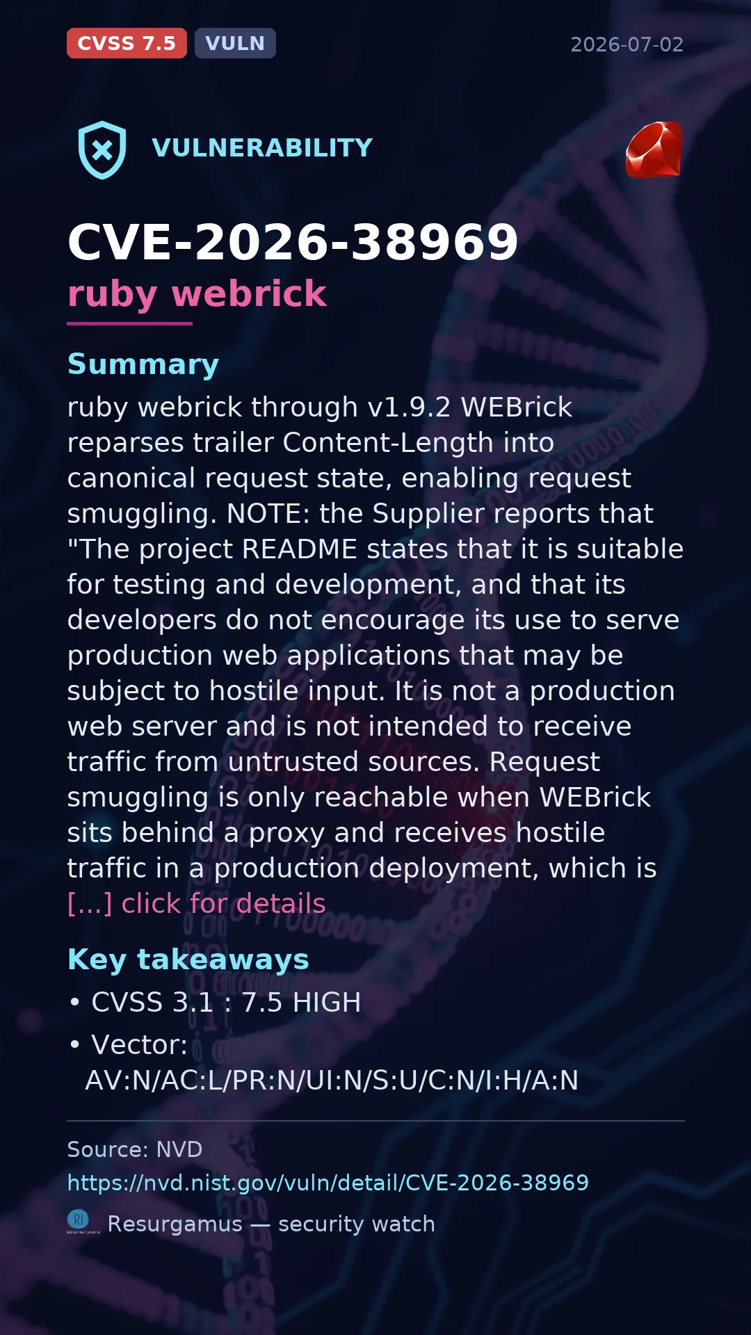 CVE-2026-38969 ruby webrick Vulnerability