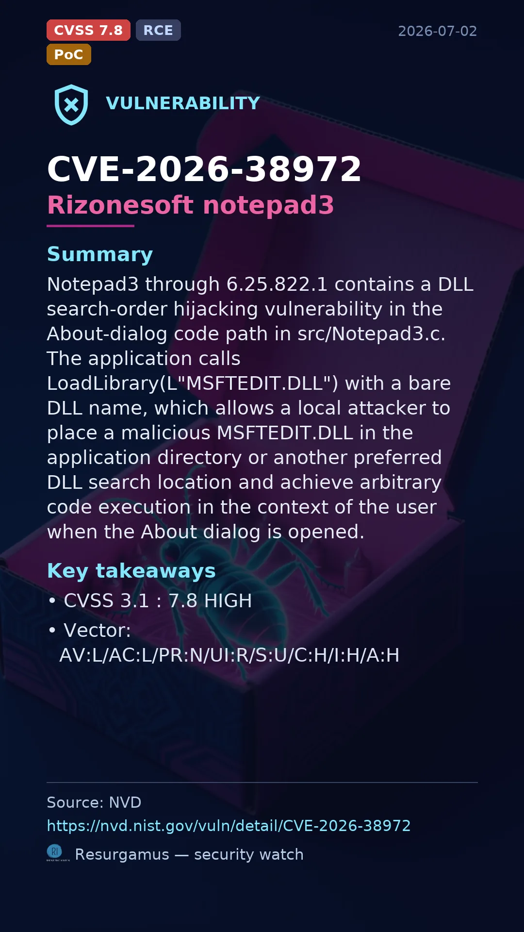 CVE-2026-38972 Rizonesoft notepad3 Vulnerability