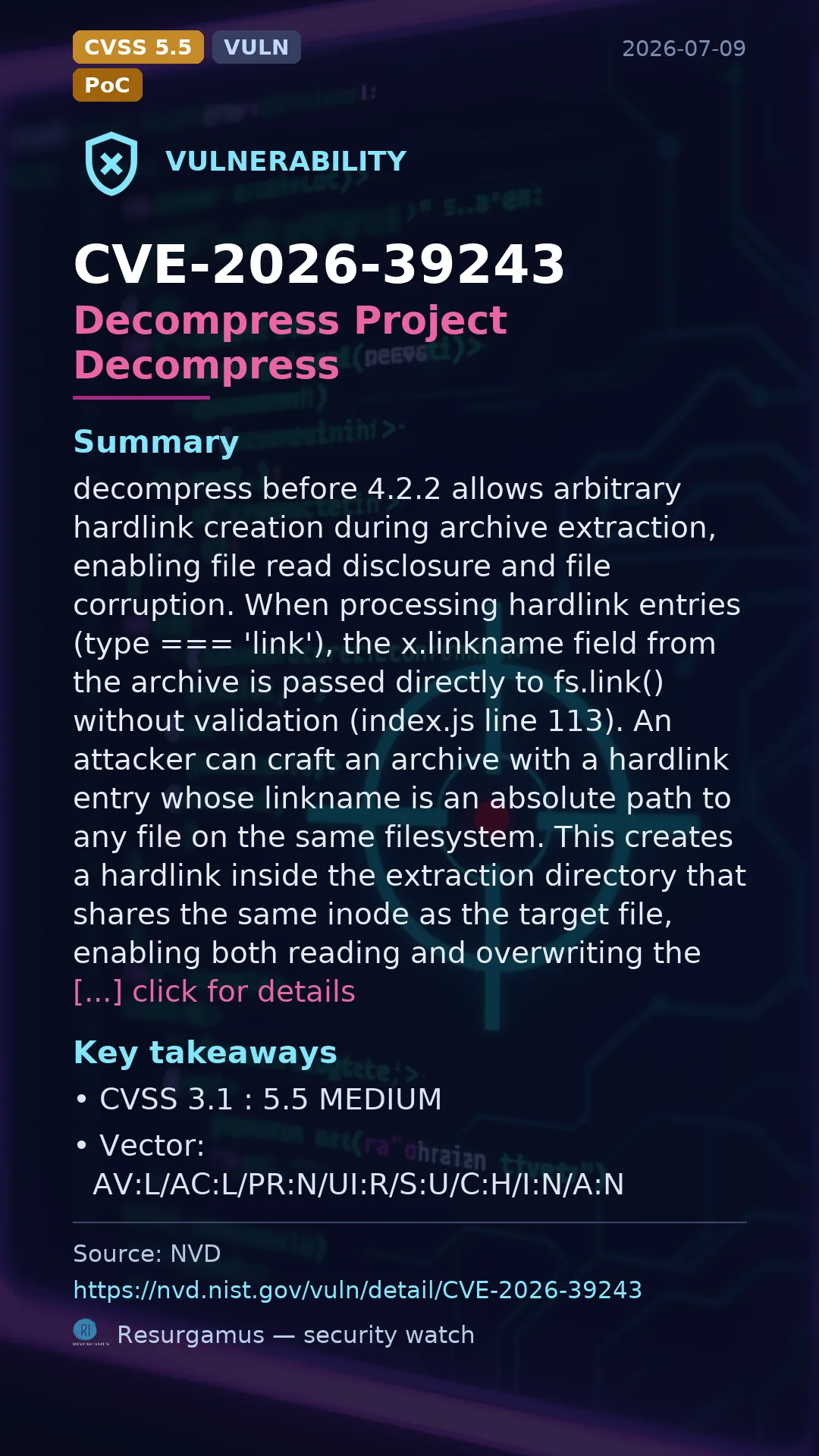 CVE-2026-39243 Decompress Project Decompress Vulnerability