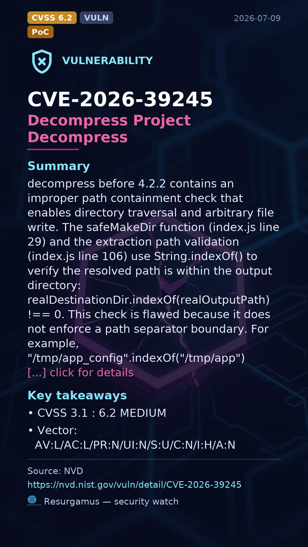 CVE-2026-39245 Decompress Project Decompress Vulnerability