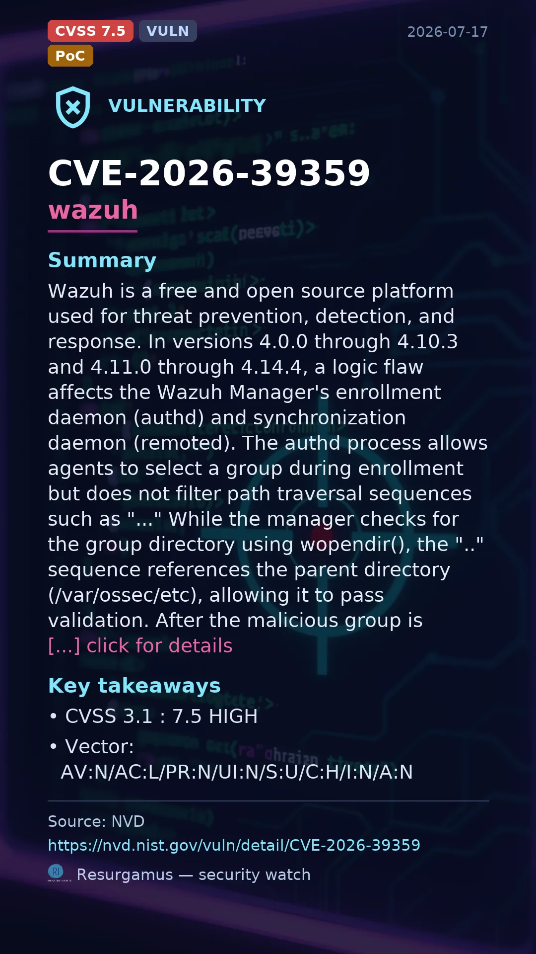 CVE-2026-39359 wazuh Vulnerability
