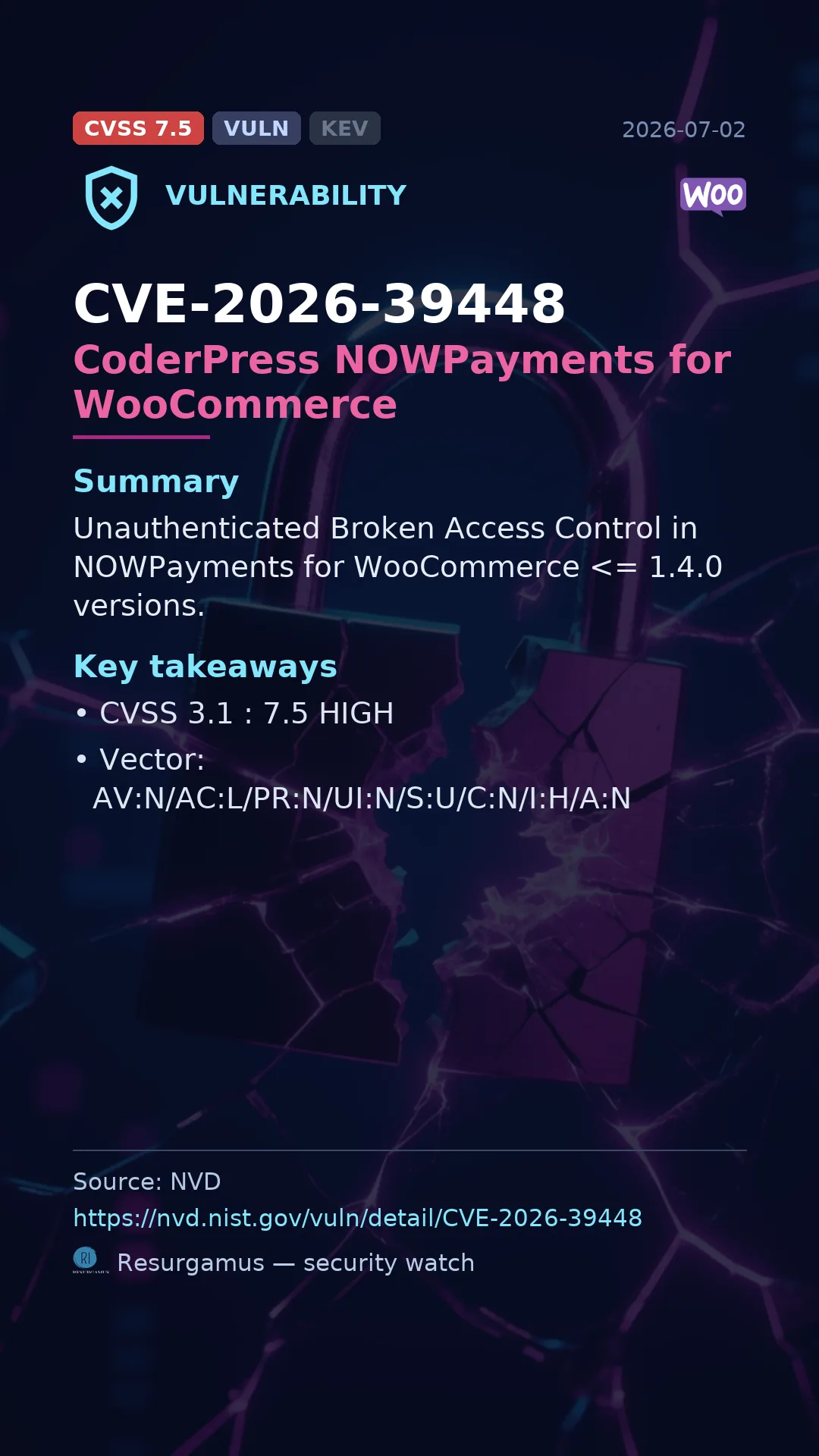 CVE-2026-39448 CoderPress NOWPayments for WooCommerce Vulnerability