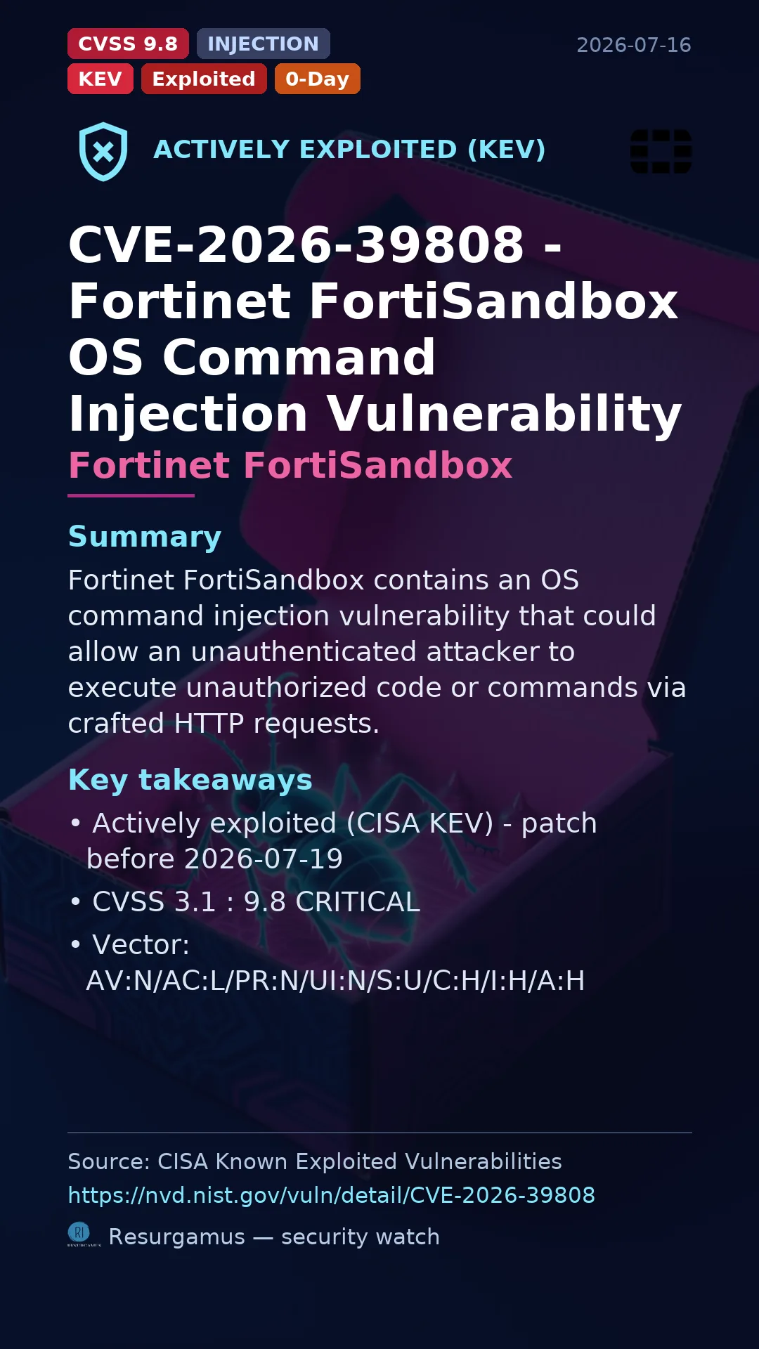 CVE-2026-39808 - Fortinet FortiSandbox - actively exploited (KEV) vulnerability