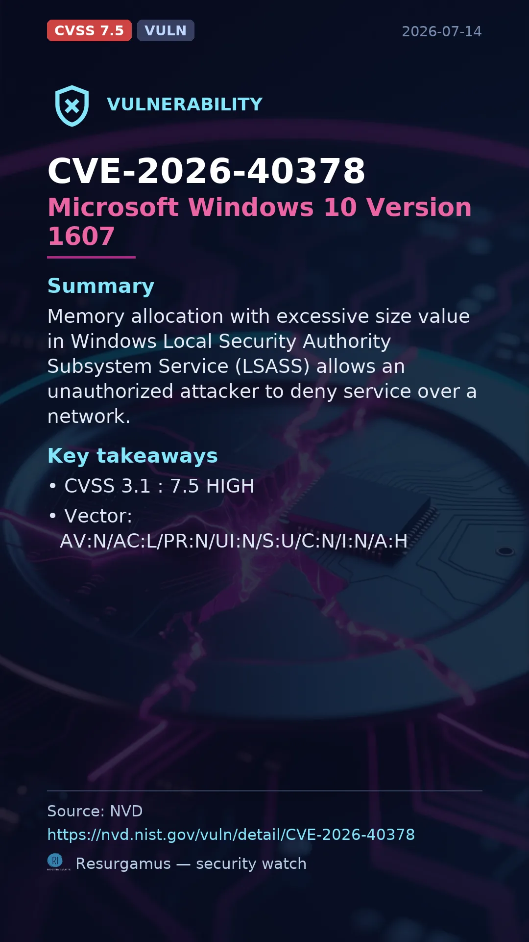 CVE-2026-40378 Microsoft Windows 10 Version 1607 Vulnerability
