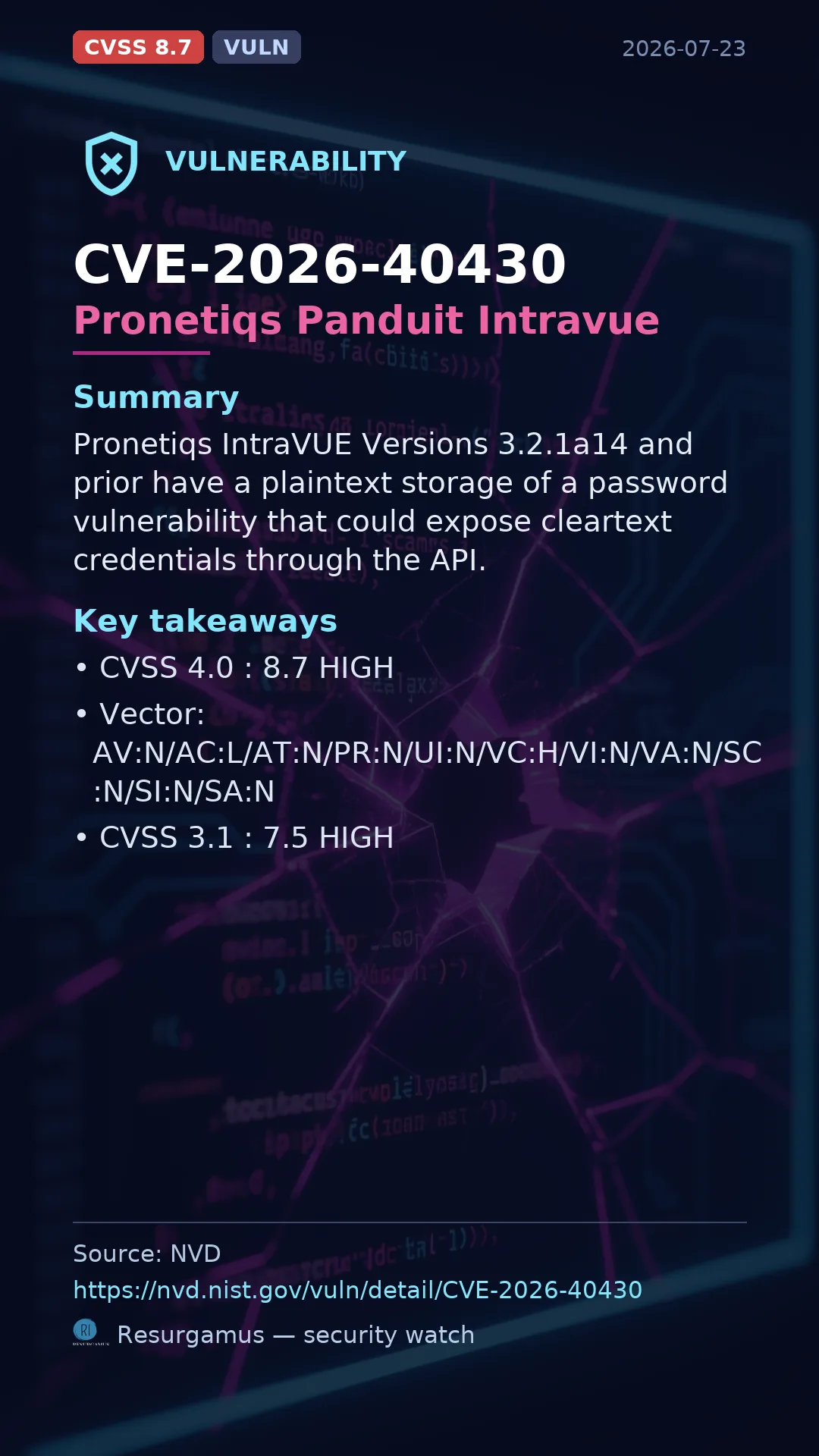 CVE-2026-40430 - Pronetiqs Panduit Intravue vulnerability