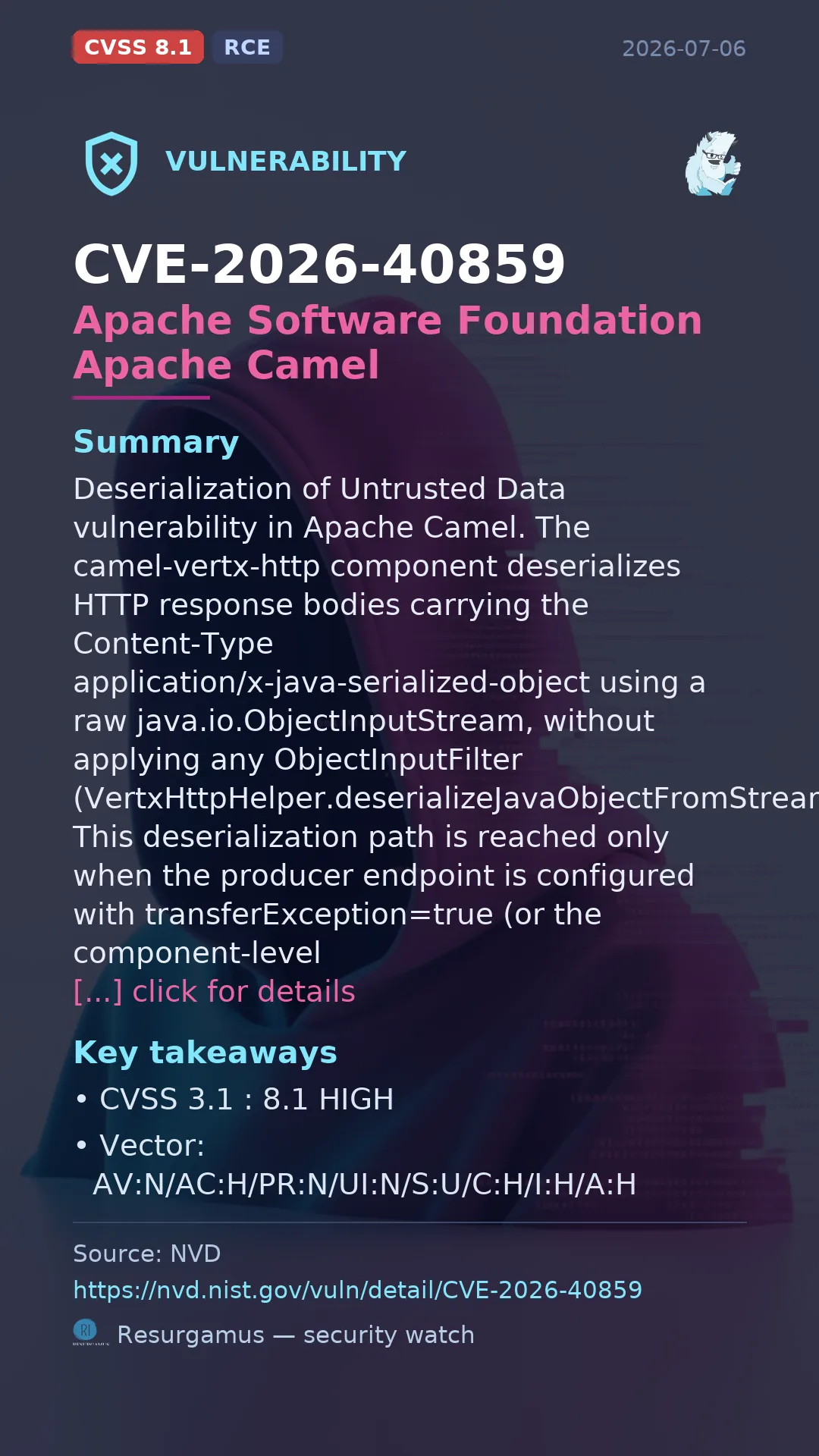CVE-2026-40859 Apache Software Foundation Apache Camel Vulnerability