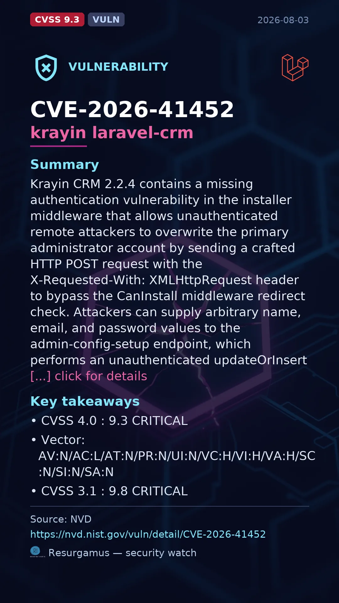 CVE-2026-41452 krayin laravel-crm Vulnerability