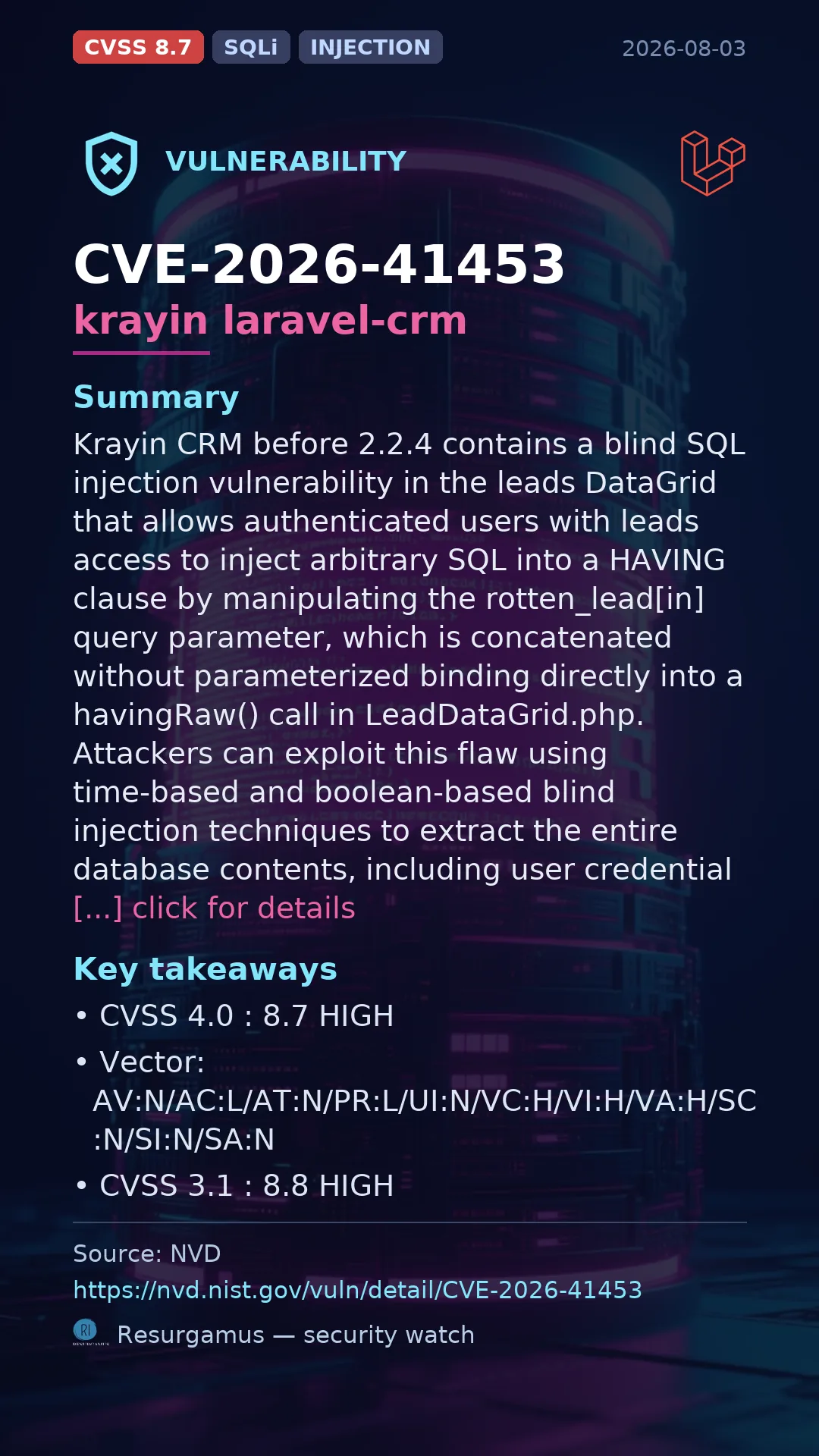 CVE-2026-41453 krayin laravel-crm Vulnerability