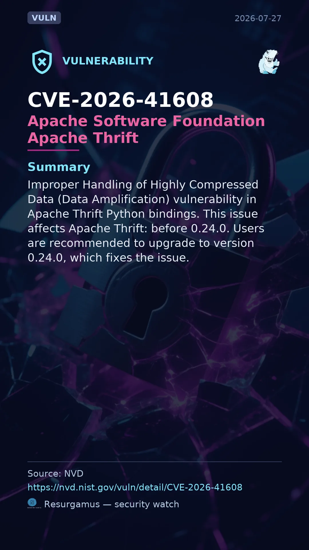 CVE-2026-41608 - Apache Software Foundation Apache Thrift vulnerability