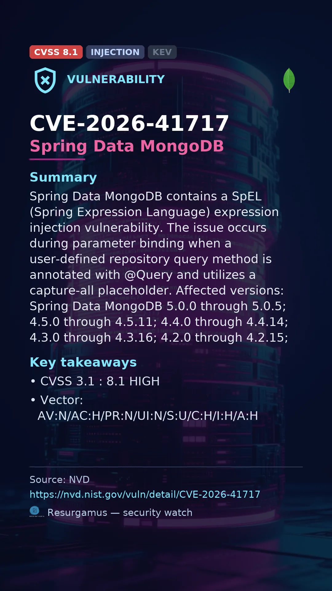 CVE-2026-41717 Spring Data MongoDB Vulnerability