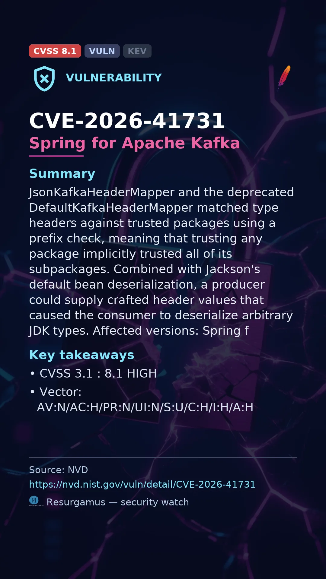 CVE-2026-41731 Spring for Apache Kafka Vulnerability