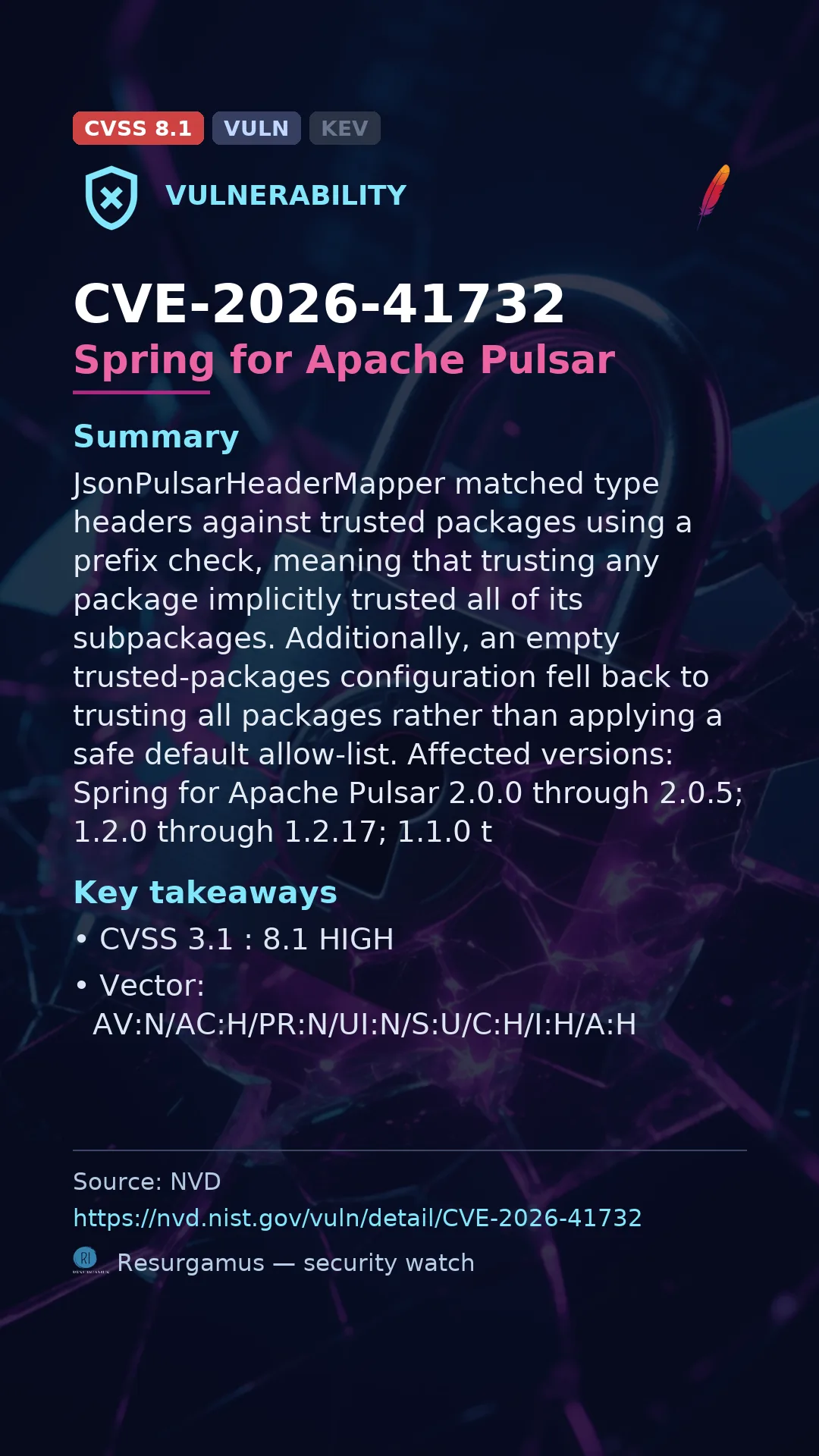 CVE-2026-41732 Spring for Apache Pulsar Vulnerability