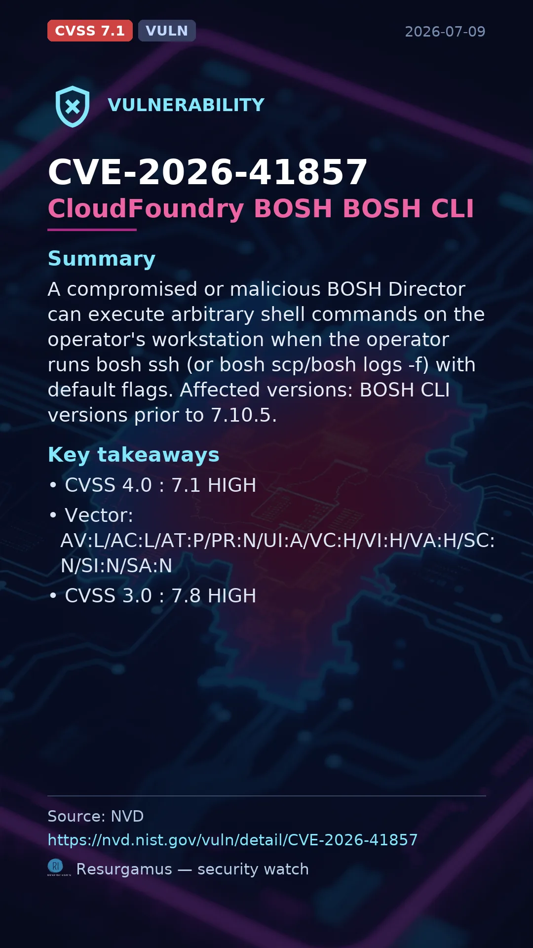 CVE-2026-41857 CloudFoundry BOSH BOSH CLI Vulnerability