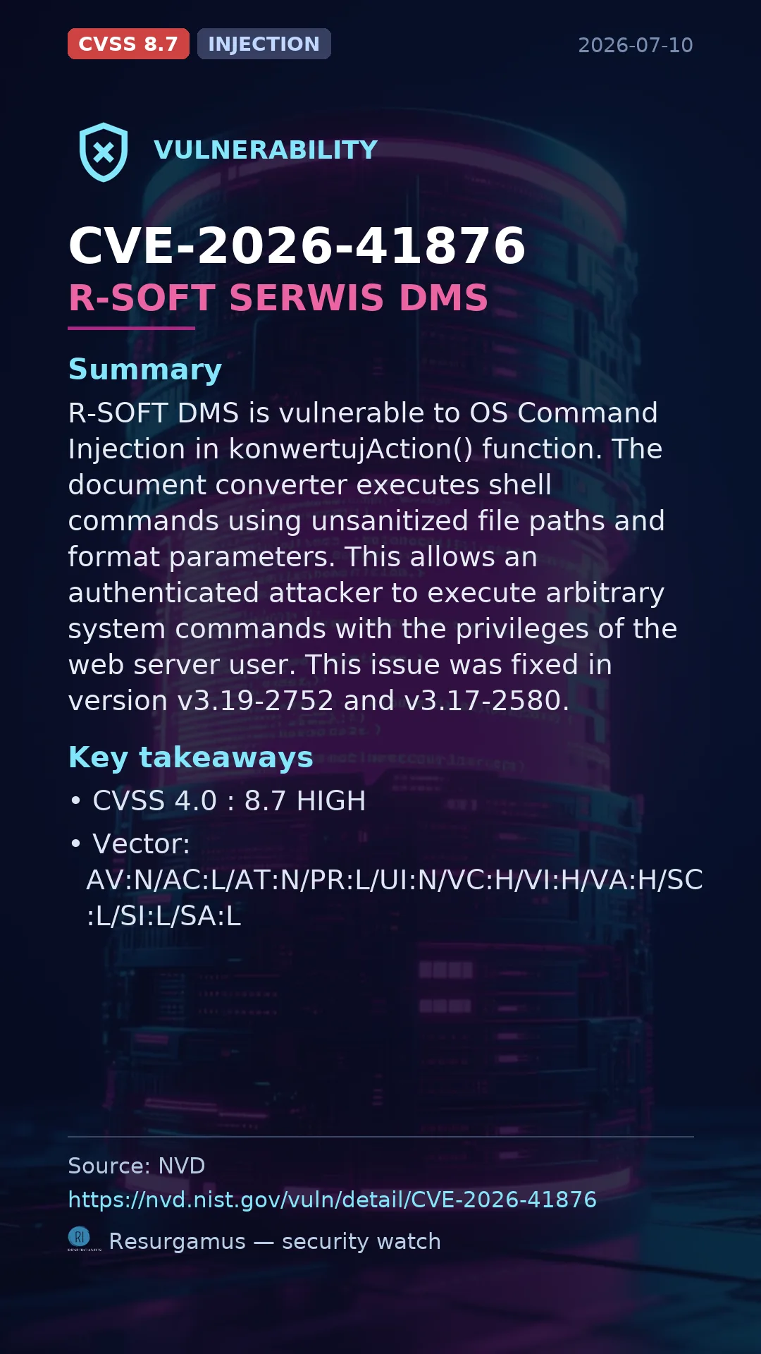 CVE-2026-41876 R-SOFT SERWIS DMS Vulnerability