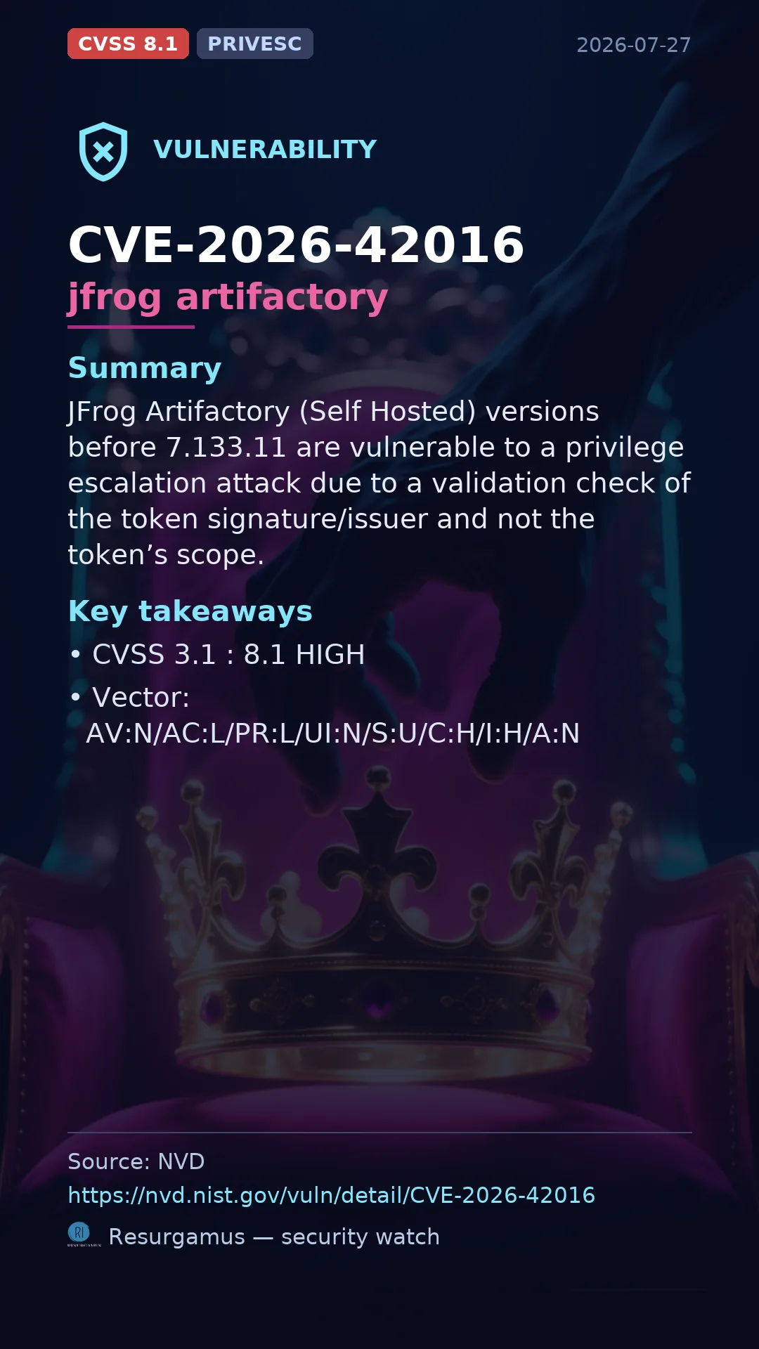 CVE-2026-42016 jfrog artifactory Vulnerability