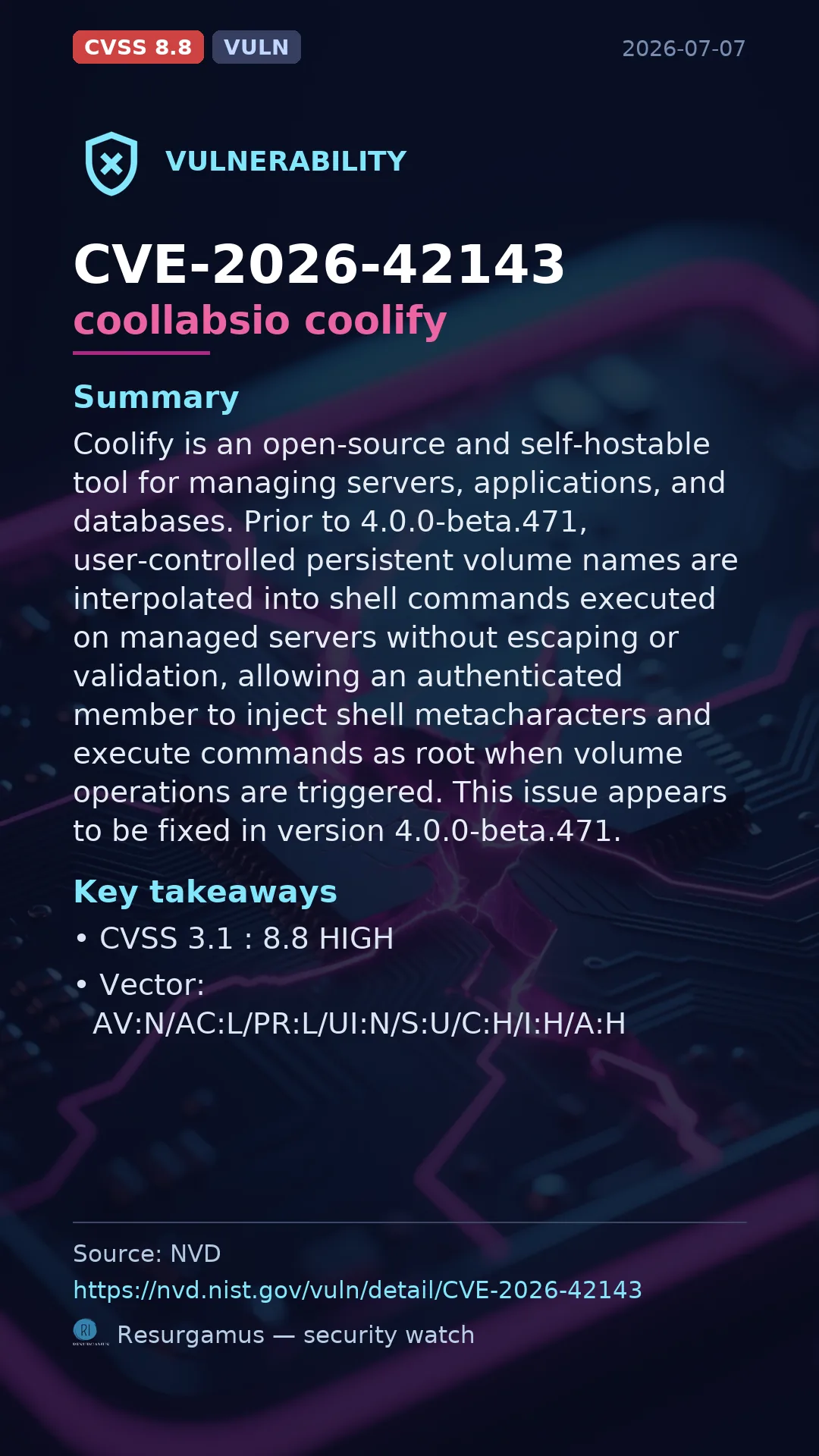 CVE-2026-42143 coollabsio coolify Vulnerability