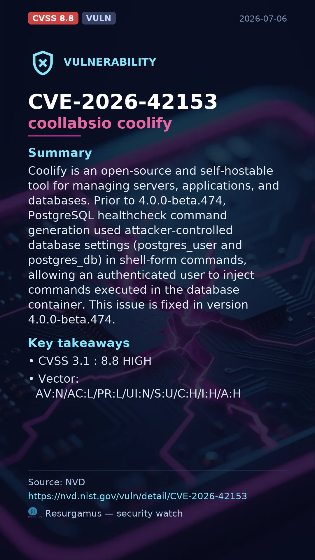 CVE-2026-42153 coollabsio coolify Vulnerability