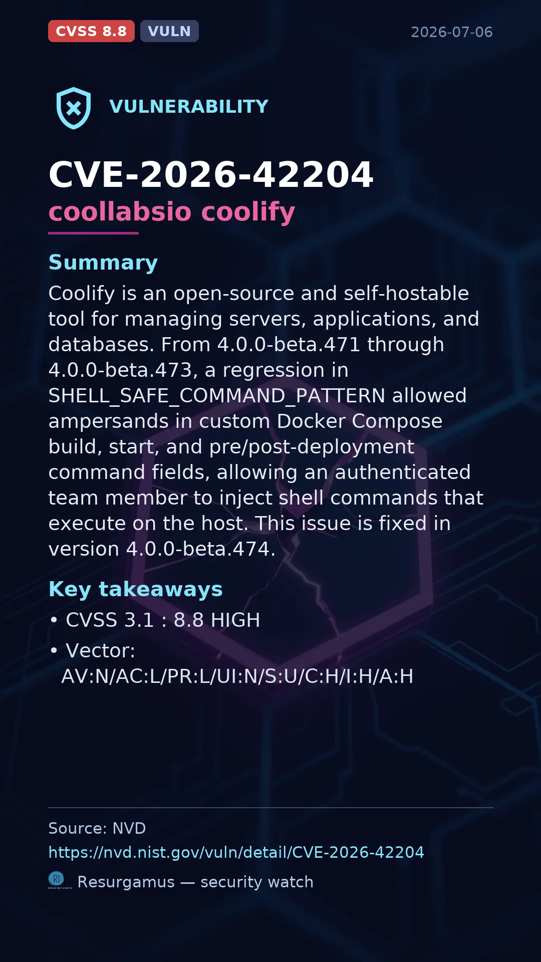 CVE-2026-42204 coollabsio coolify Vulnerability