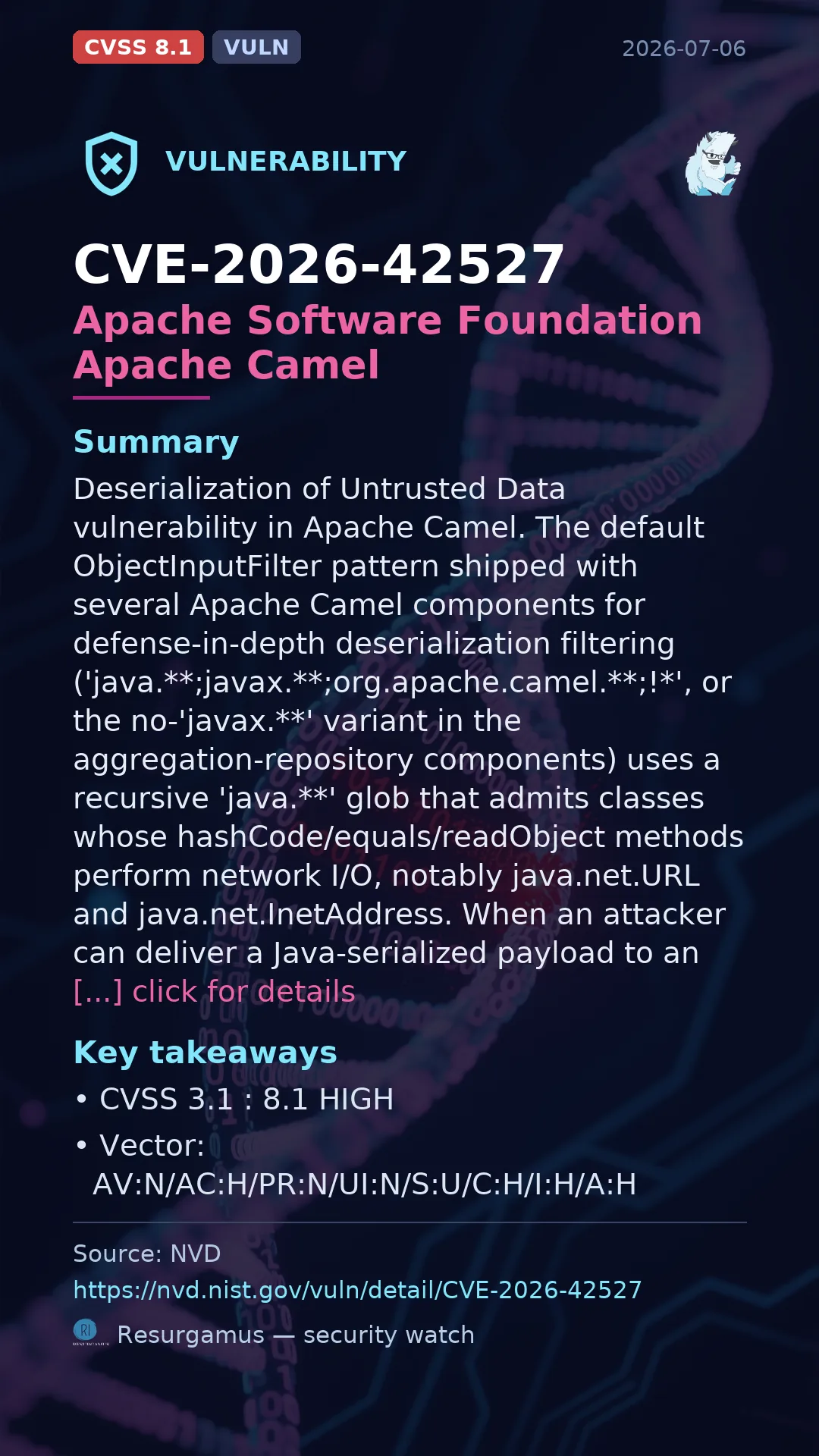CVE-2026-42527 Apache Software Foundation Apache Camel Vulnerability