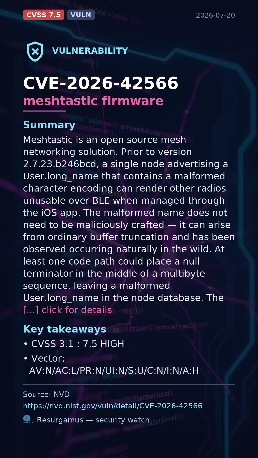 CVE-2026-42566 meshtastic firmware Vulnerability