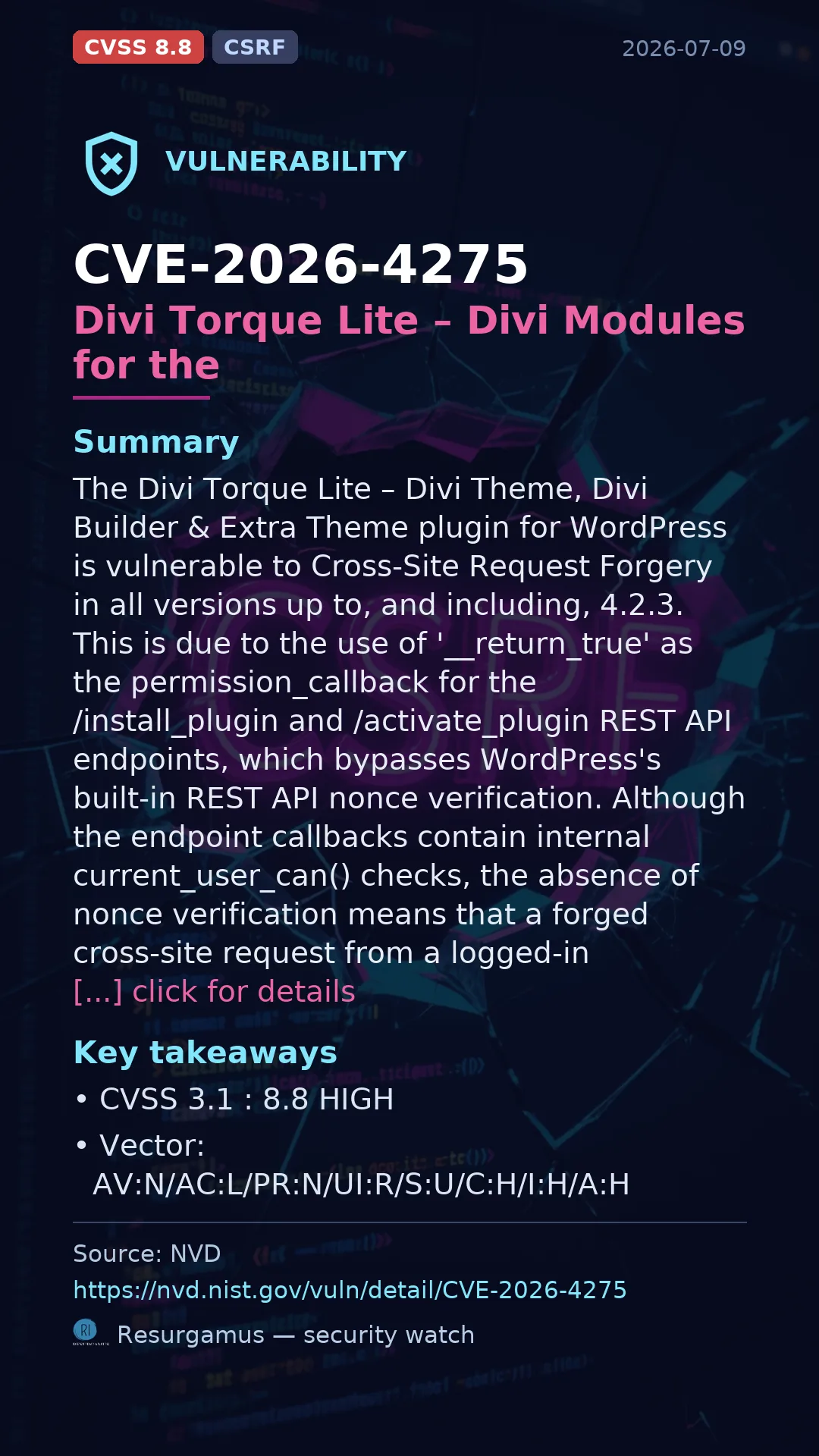 CVE-2026-4275 Divi Torque Lite – Divi Modules for the  Vulnerability