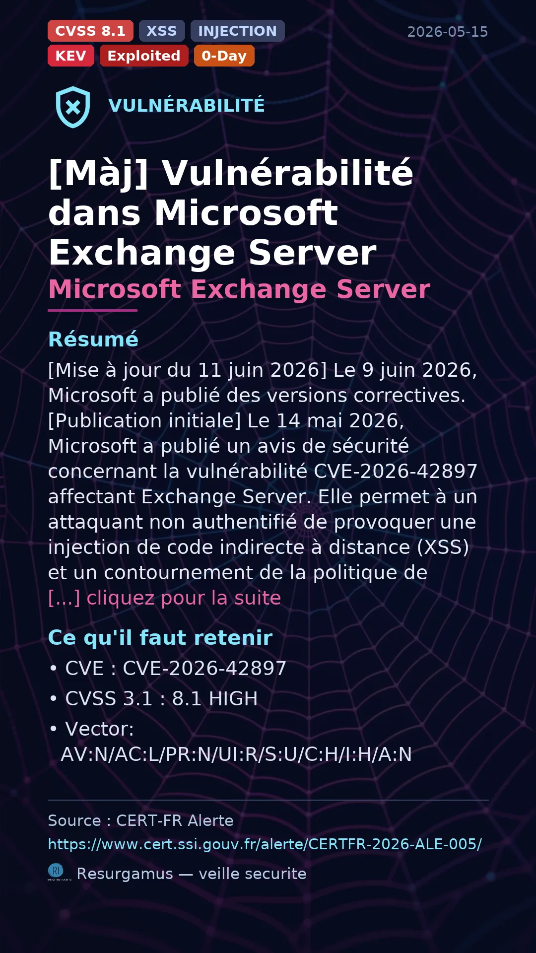 CVE-2026-42897 - Microsoft Exchange Server - actively exploited (KEV) vulnerability