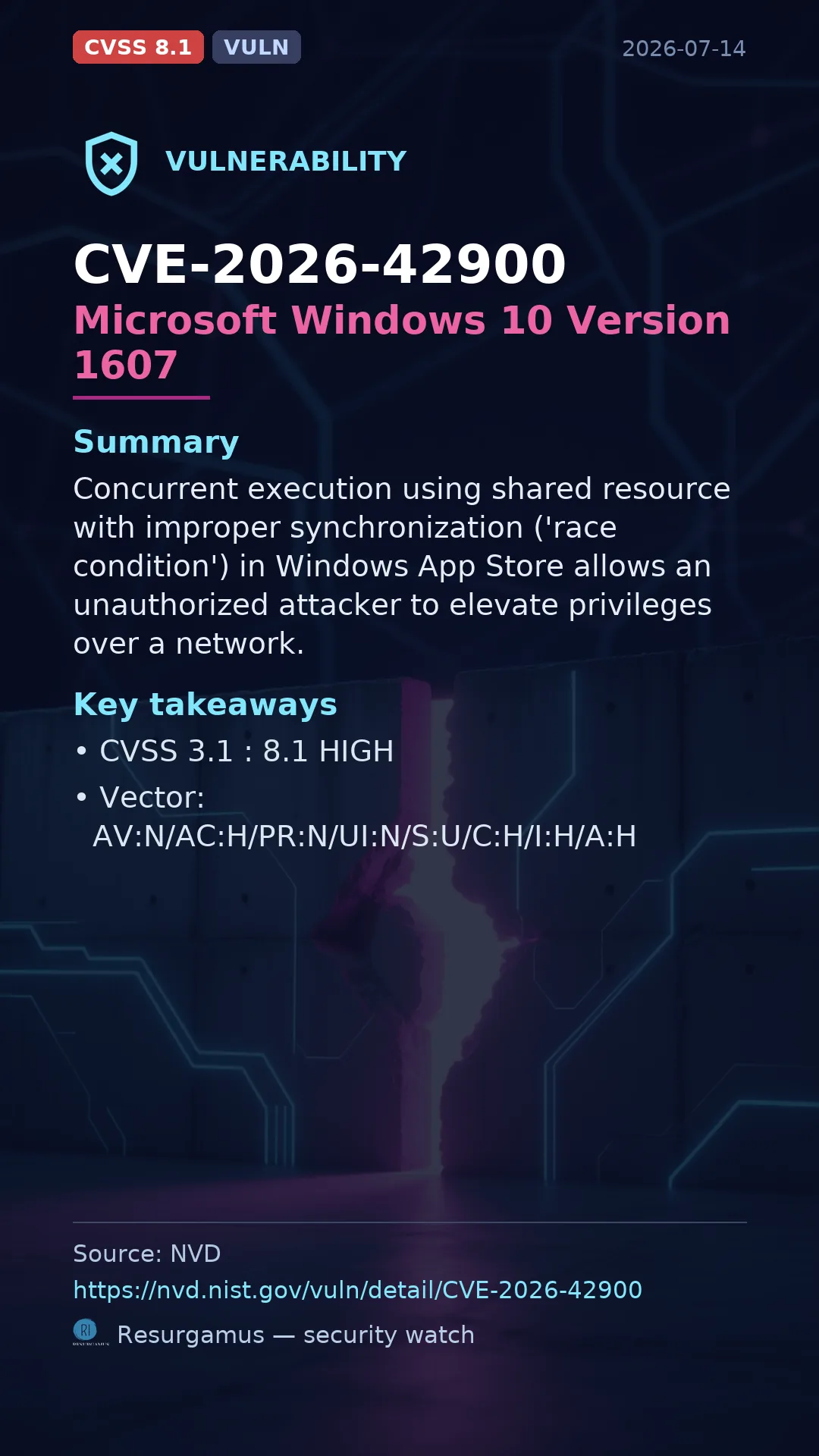 CVE-2026-42900 Microsoft Windows 10 Version 1607 Vulnerability