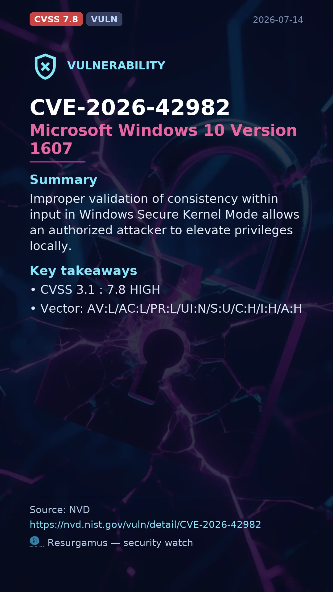 CVE-2026-42982 Microsoft Windows 10 Version 1607 Vulnerability