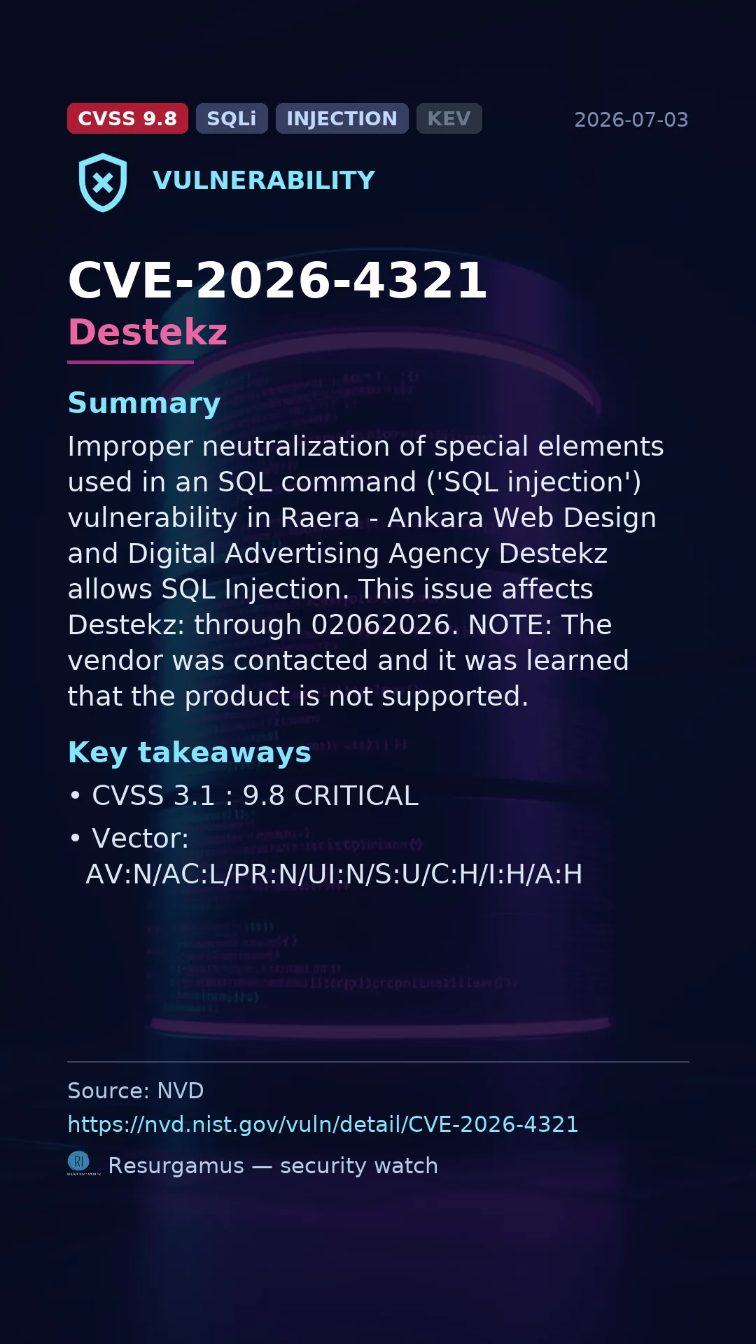CVE-2026-4321 Destekz Vulnerability