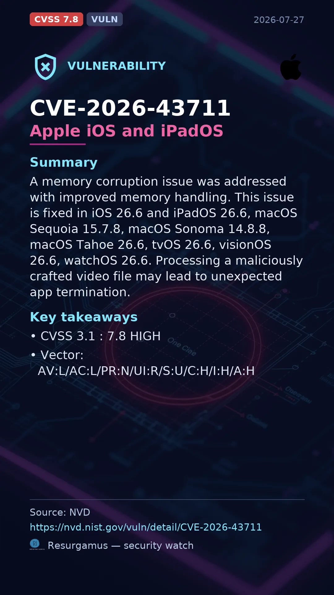 CVE-2026-43711 Apple iOS and iPadOS Vulnerability