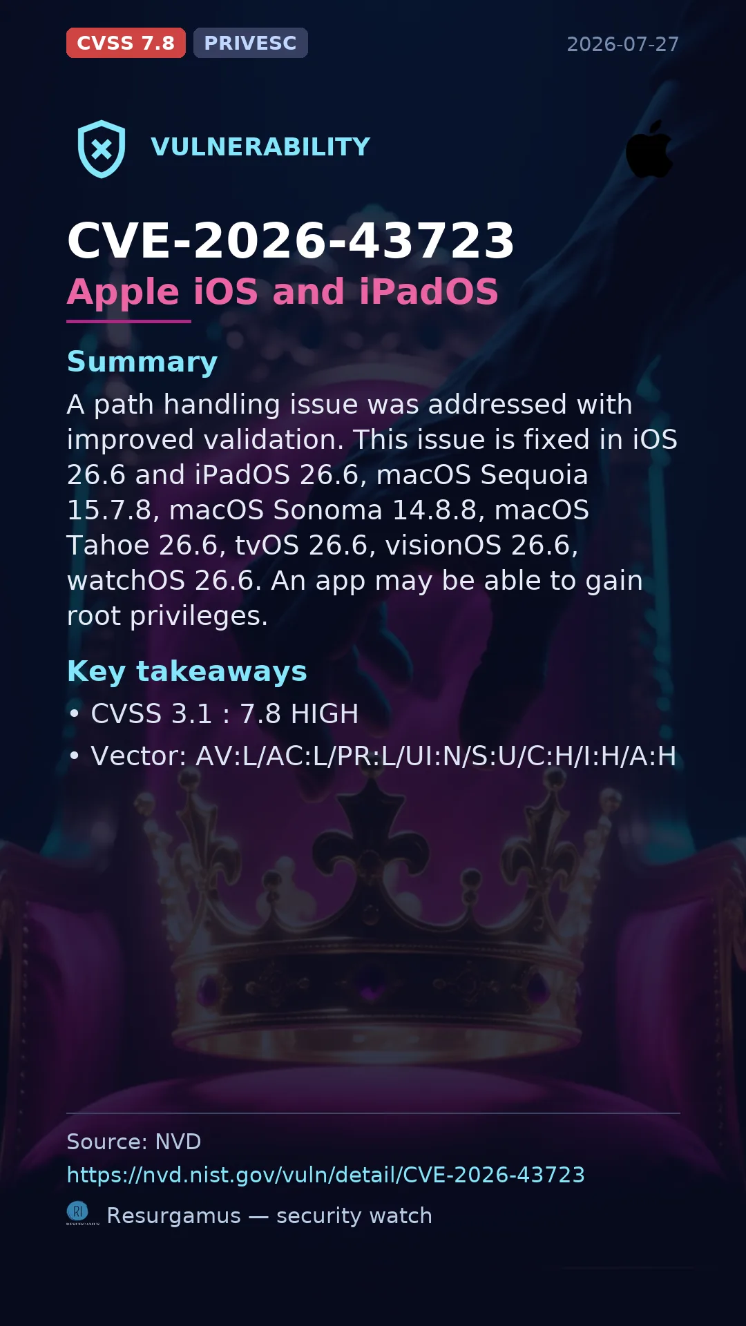 CVE-2026-43723 Apple iOS and iPadOS Vulnerability