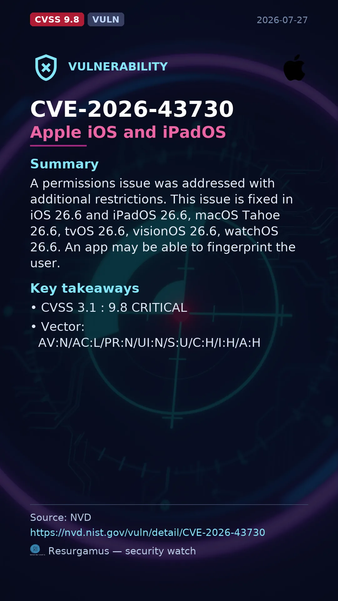 CVE-2026-43730 Apple iOS and iPadOS Vulnerability