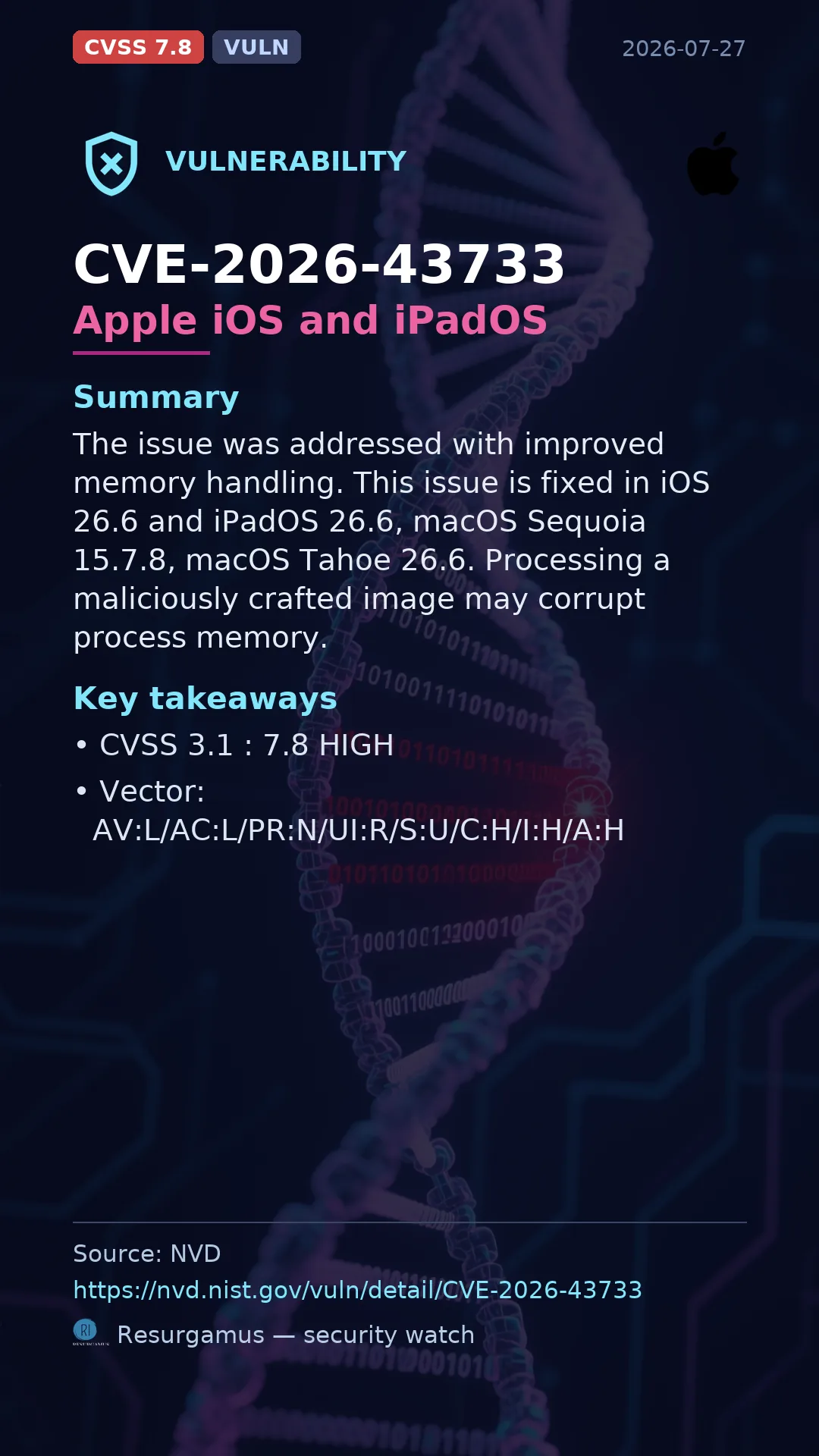 CVE-2026-43733 Apple iOS and iPadOS Vulnerability