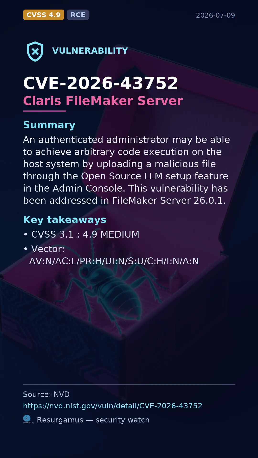 CVE-2026-43752 Claris FileMaker Server Vulnerability