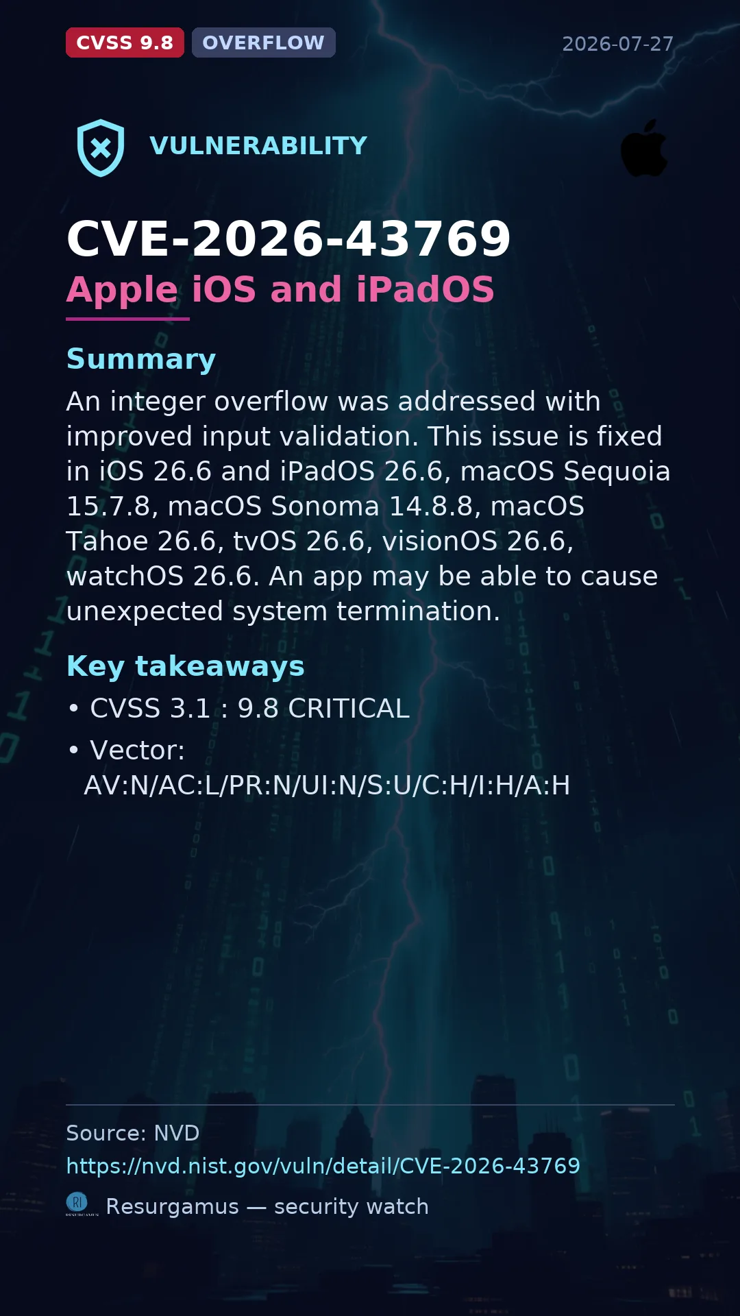 CVE-2026-43769 Apple iOS and iPadOS Vulnerability