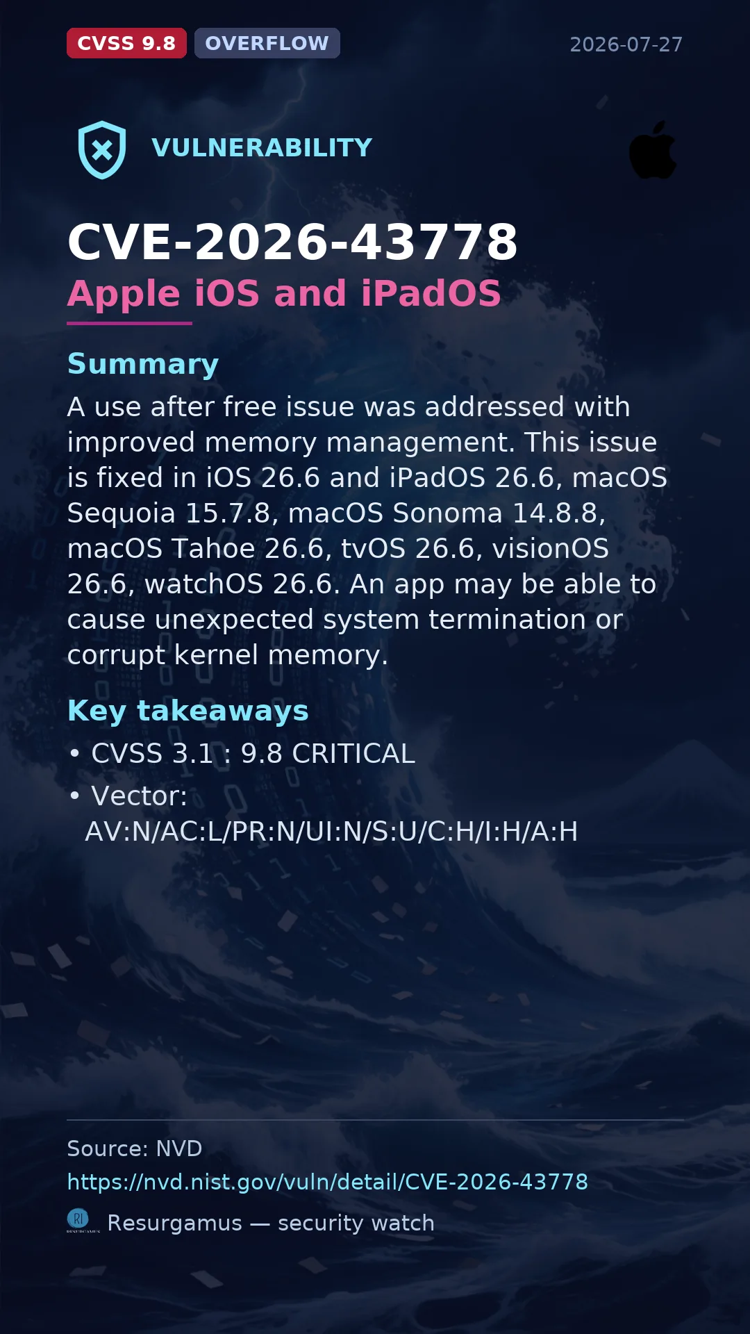 CVE-2026-43778 Apple iOS and iPadOS Vulnerability