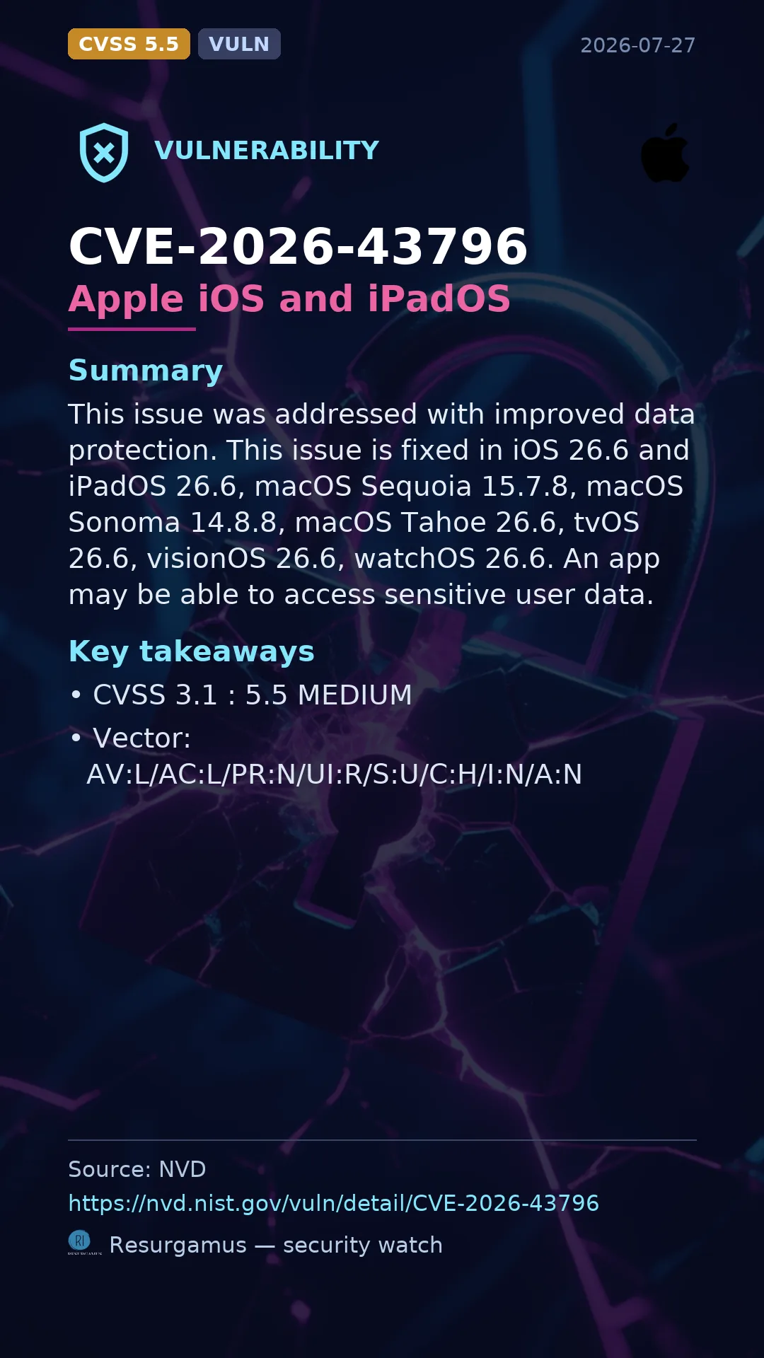 CVE-2026-43796 Apple iOS and iPadOS Vulnerability
