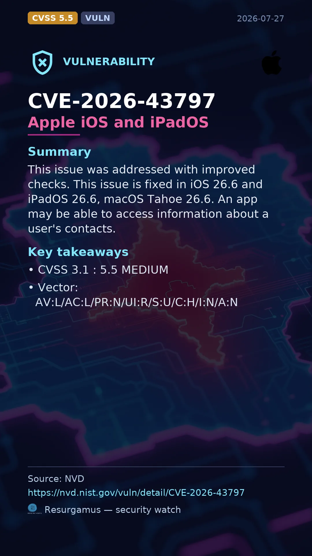CVE-2026-43797 Apple iOS and iPadOS Vulnerability