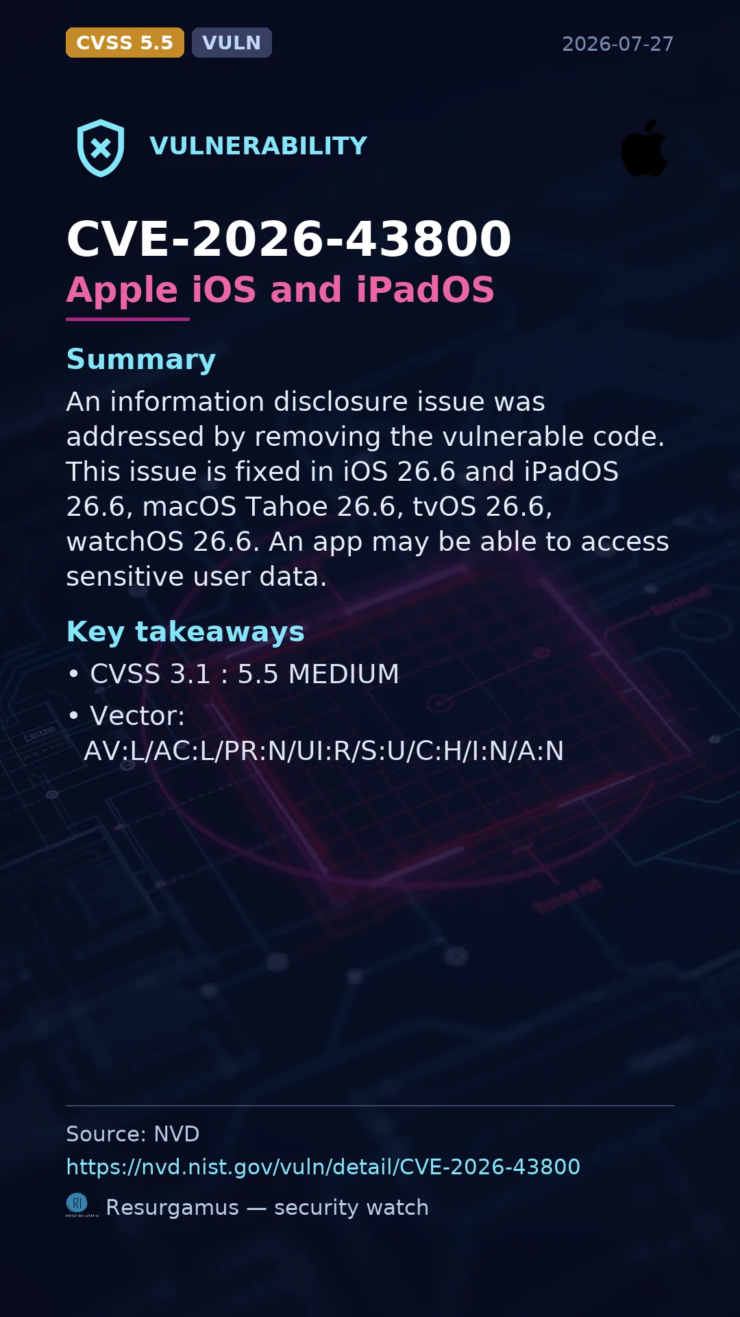 CVE-2026-43800 Apple iOS and iPadOS Vulnerability