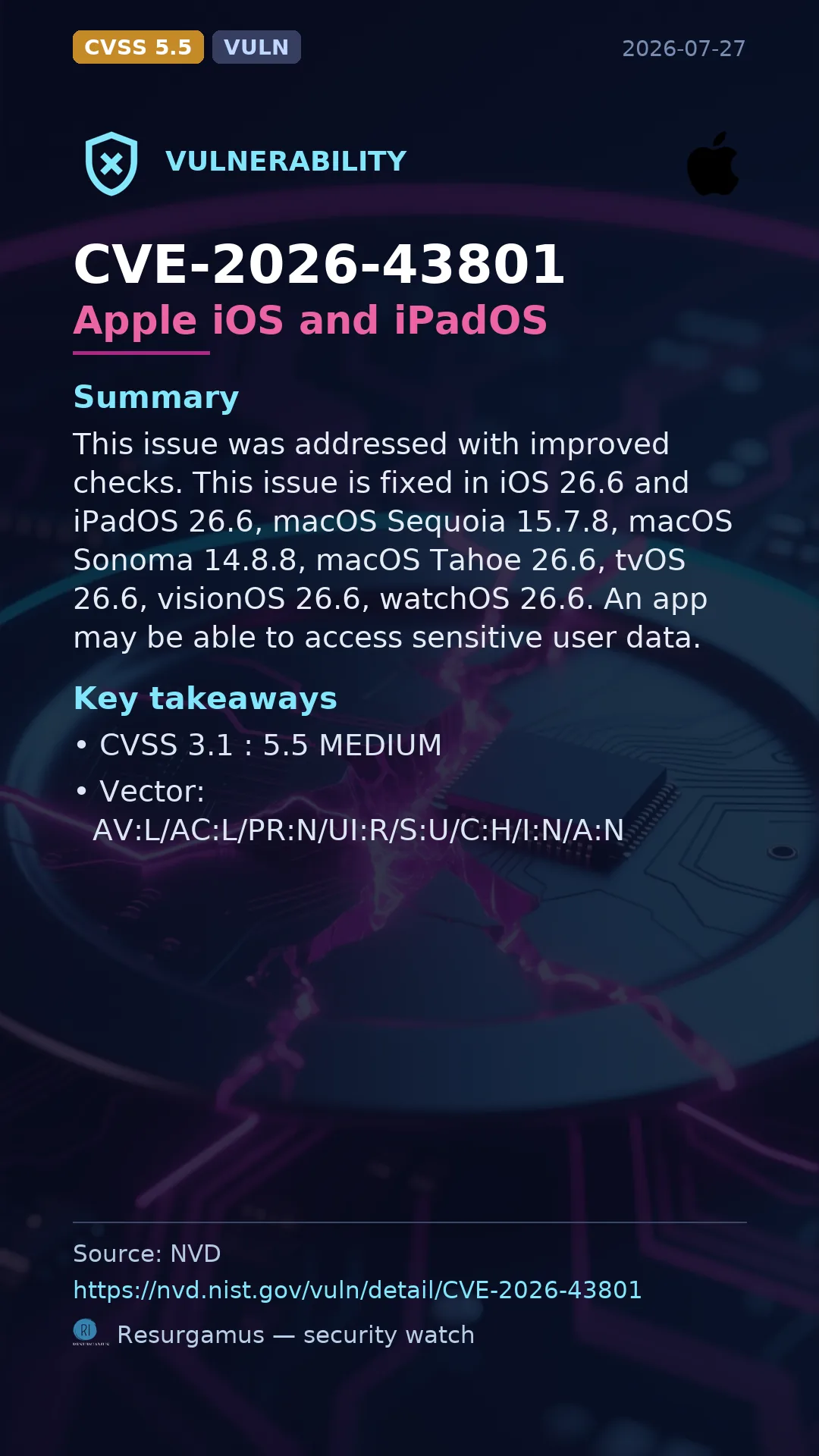 CVE-2026-43801 Apple iOS and iPadOS Vulnerability