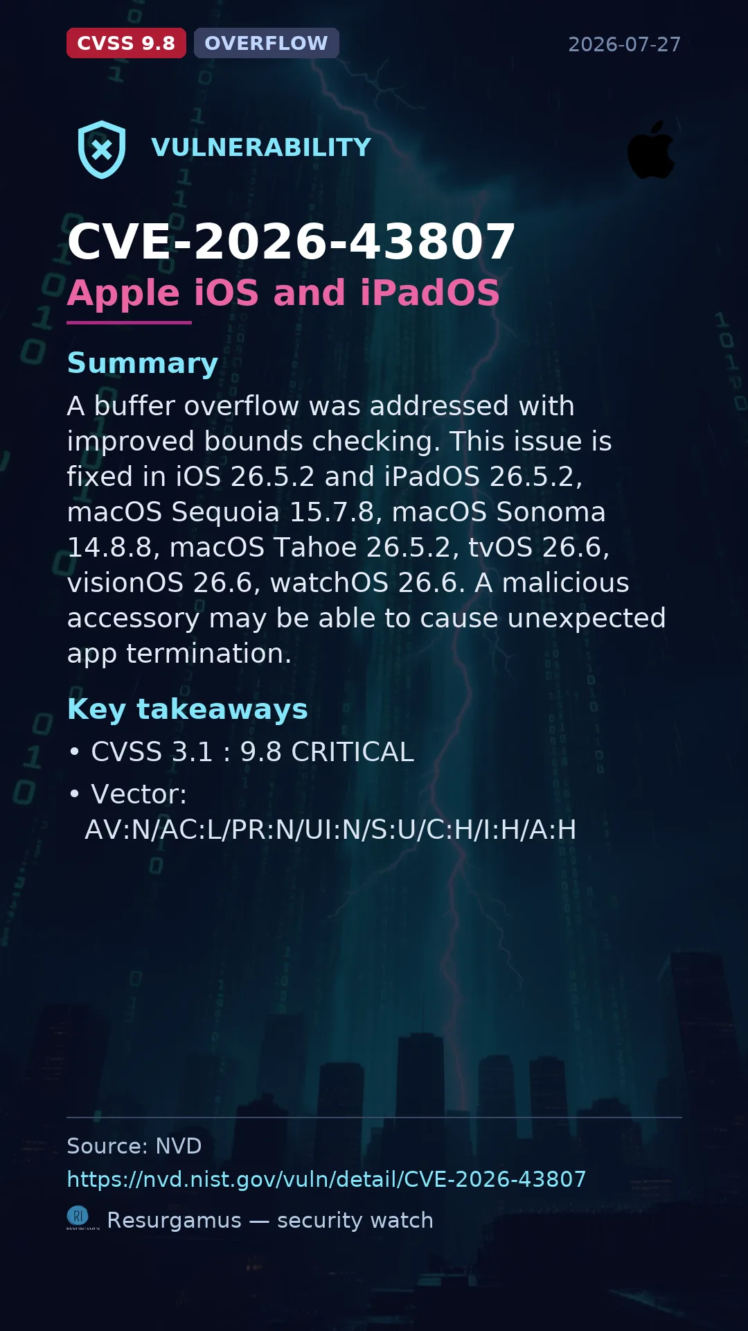 CVE-2026-43807 Apple iOS and iPadOS Vulnerability