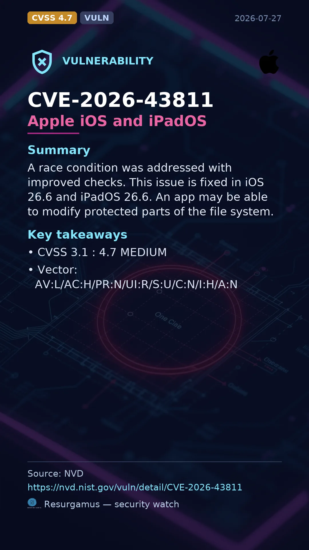CVE-2026-43811 Apple iOS and iPadOS Vulnerability