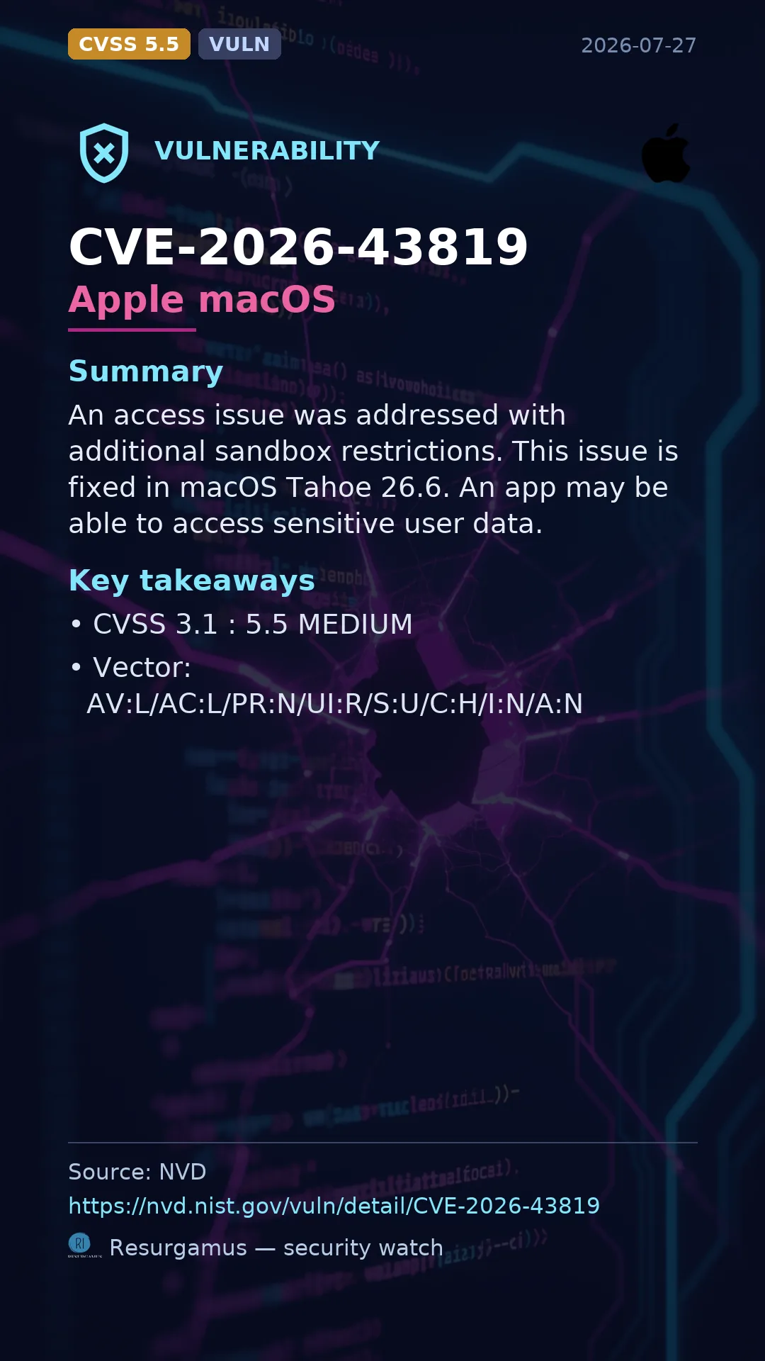 CVE-2026-43819 Apple macOS Vulnerability