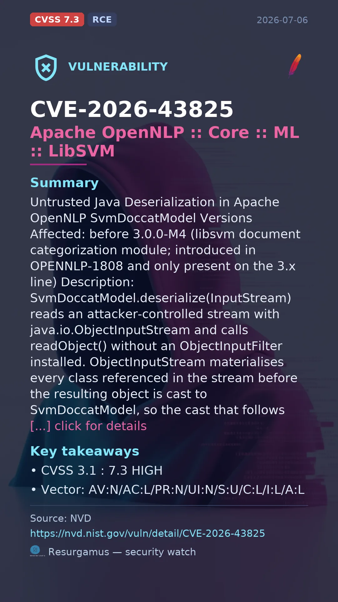 CVE-2026-43825 Apache OpenNLP :: Core :: ML :: LibSVM Vulnerability